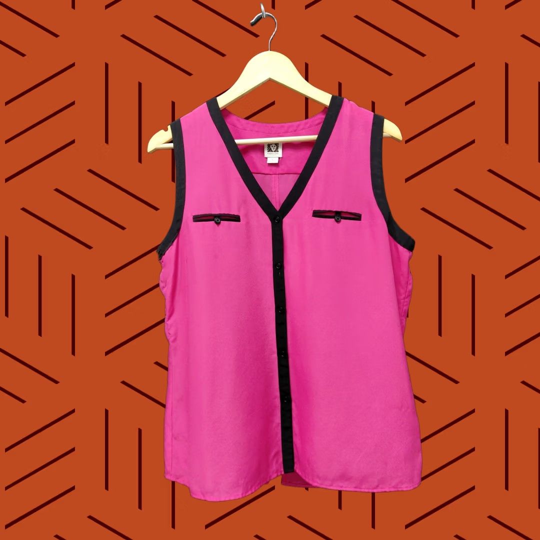 Anne Klein Anne Klein Pink Sleeveless Top Women L V-Neck Button Casual Business Shirt Tailored Pattern Solid Size L / US 10 / IT 46 - 1 Thumbnail