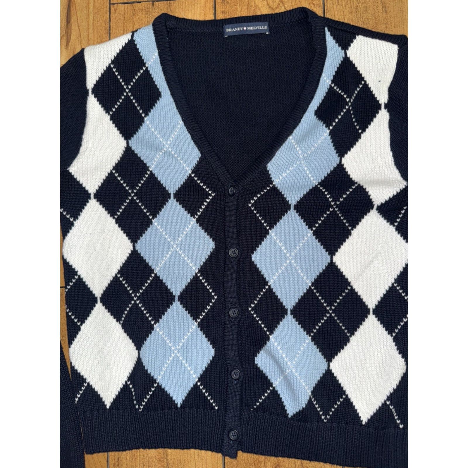 Brandy Melville Brandy Melville Argyle Cardigan Sweater Navy Blue White Light Blue Preppy Y2K Cardigan Teens One Size Navy Blue Size ONE SIZE - 2 Thumbnail