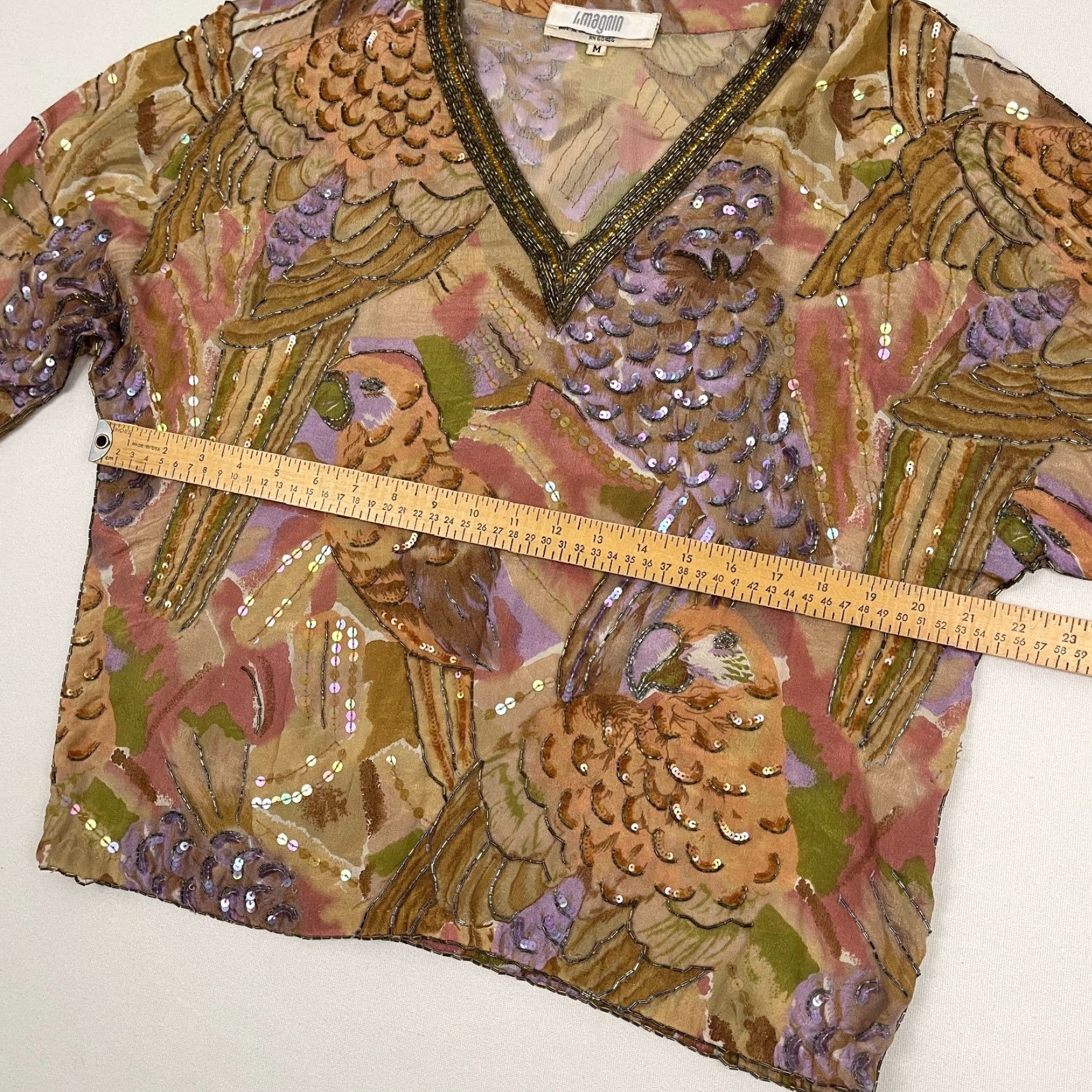 I. Magnin VINTAGE I. MAGNIN Blouse Womens Medium Silk Bird Parrot Beaded Sequin Fairy 70s 80s Size M / US 6-8 / IT 42-44 - 7 Thumbnail