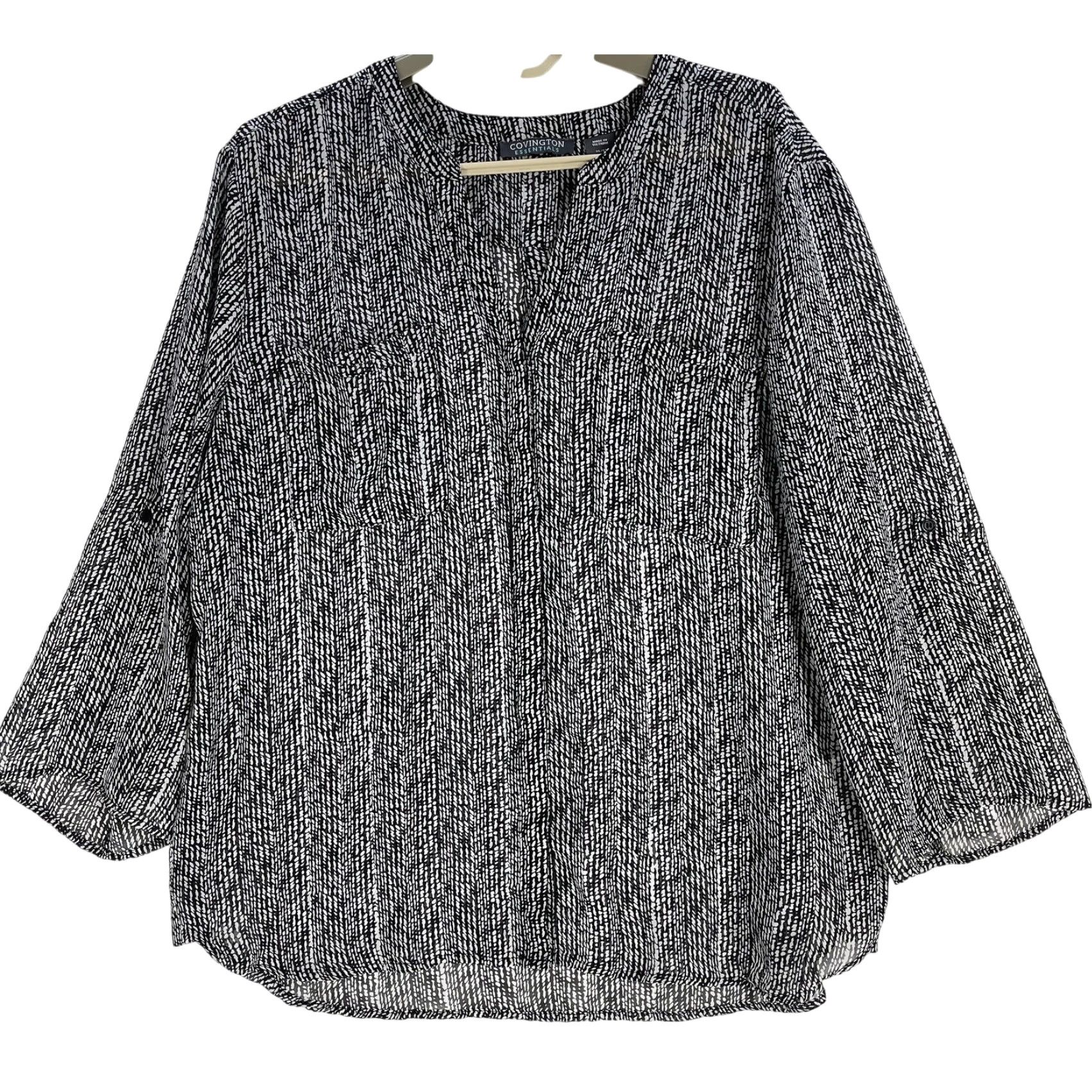 Vintage Covington Blouse Women XL Black White Geometric Long Sleeve V-Neck Button Tunic Casual Business Shirt Size XL / US 12-14 / IT 48-50 - 2 Thumbnail