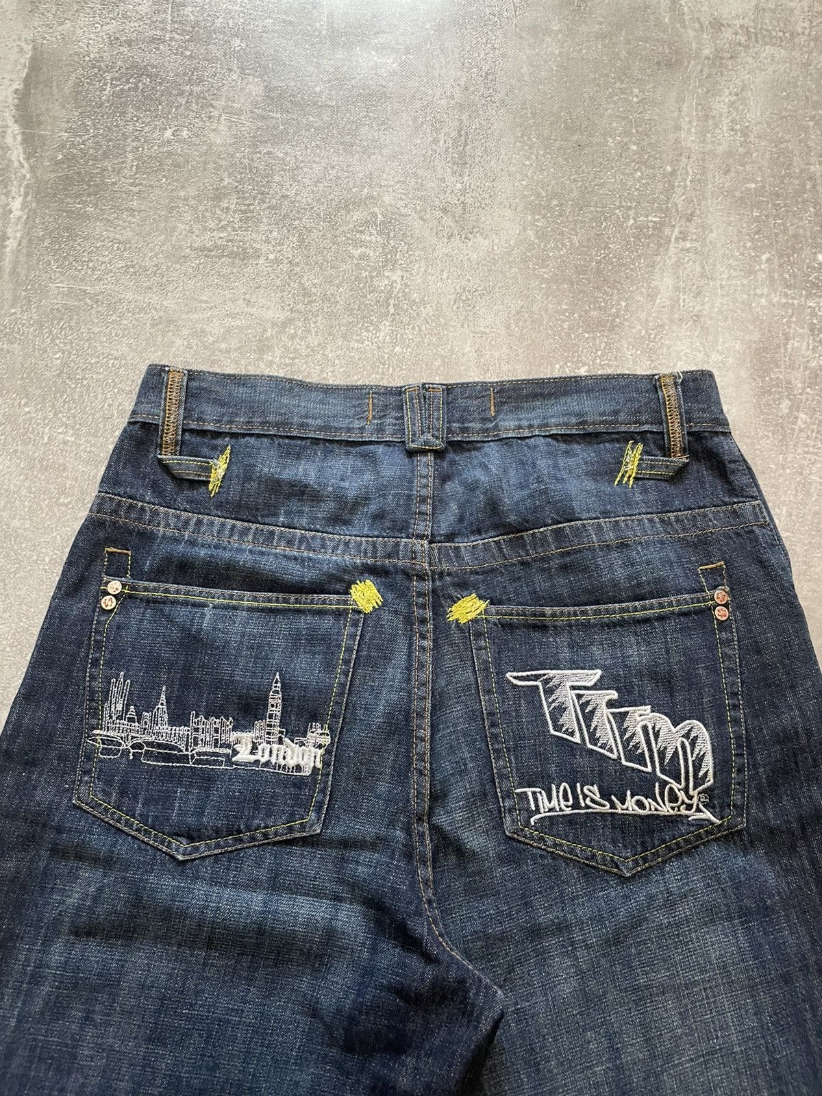 Time is Money Embroidered Logo Jnco Style Baggy Denim Shorts