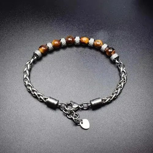 Handmade 6mm Brown Stone Beads Stainless Steel Bracelet Size ONE SIZE - 2 Thumbnail