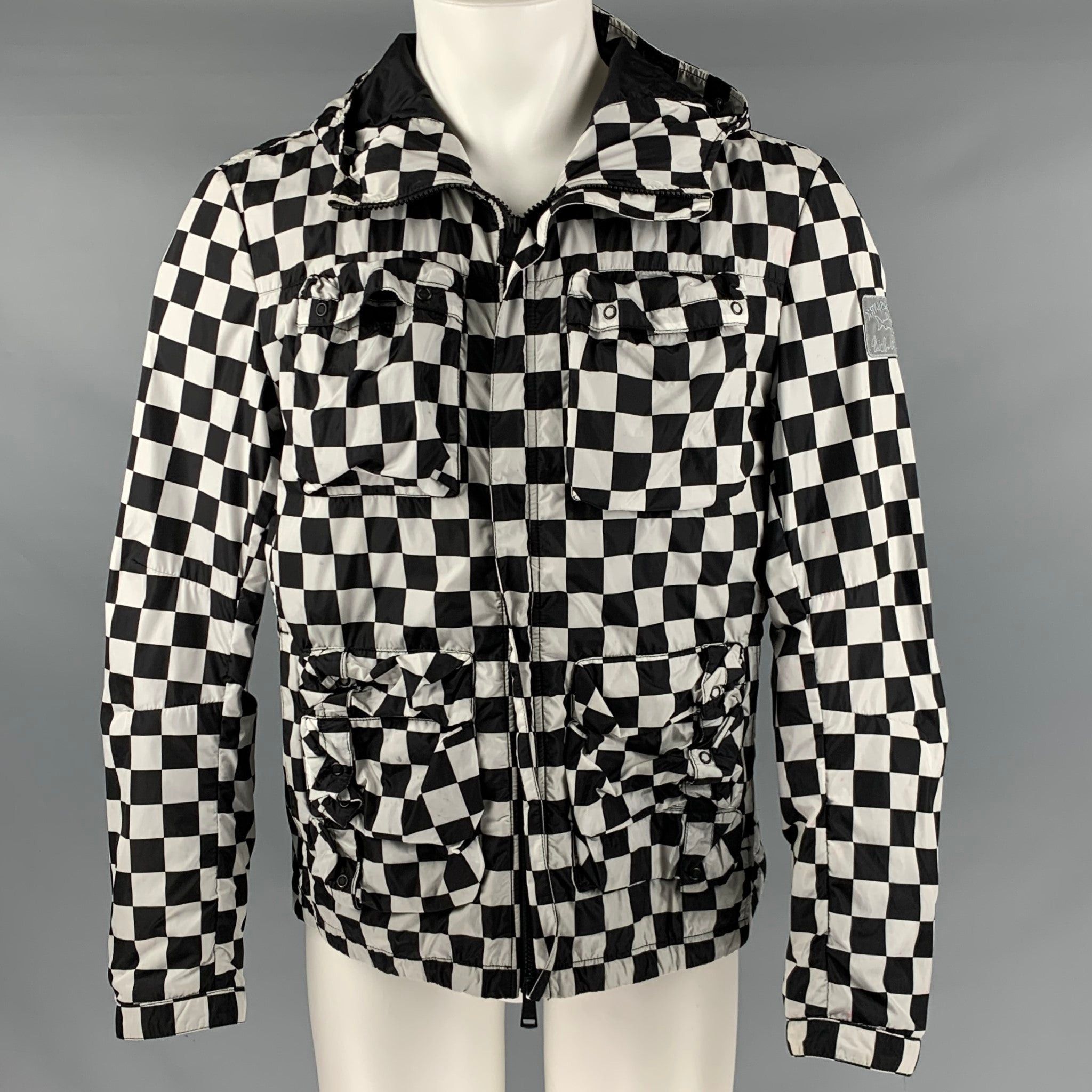 image of Nick Wooster Black White Checkered Nylon Hooded Jacket, Men's (Size Medium)
