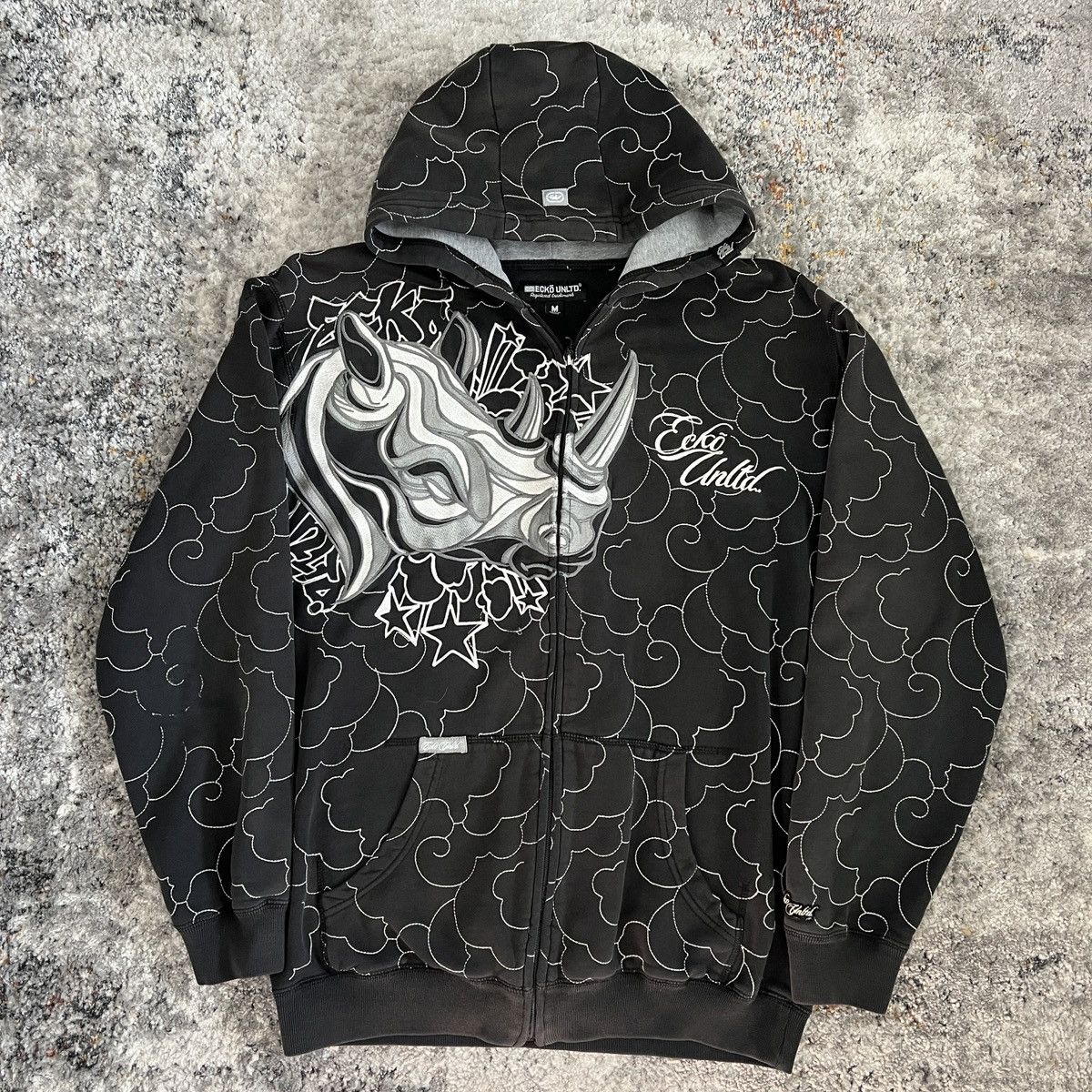 image of Ecko Unltd x Jnco Vintage Y2K Ecko Embroidered Rhino Cybergoth Hoodie in Black, Men's (Size Large)