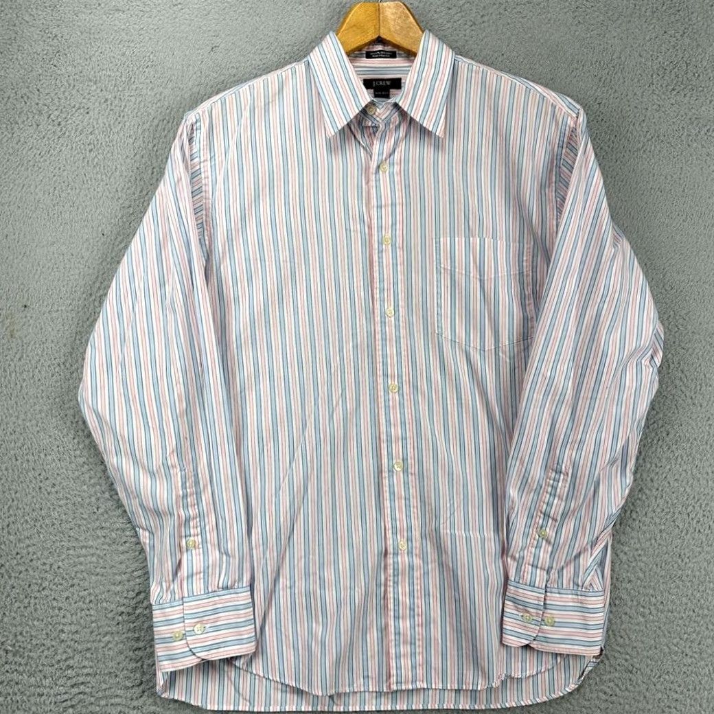 Vintage J Crew Dress Shirt Adult Medium 15-15.5 Blue Pink Striped Button Up Pocket Mens Size 40R - 4 Thumbnail