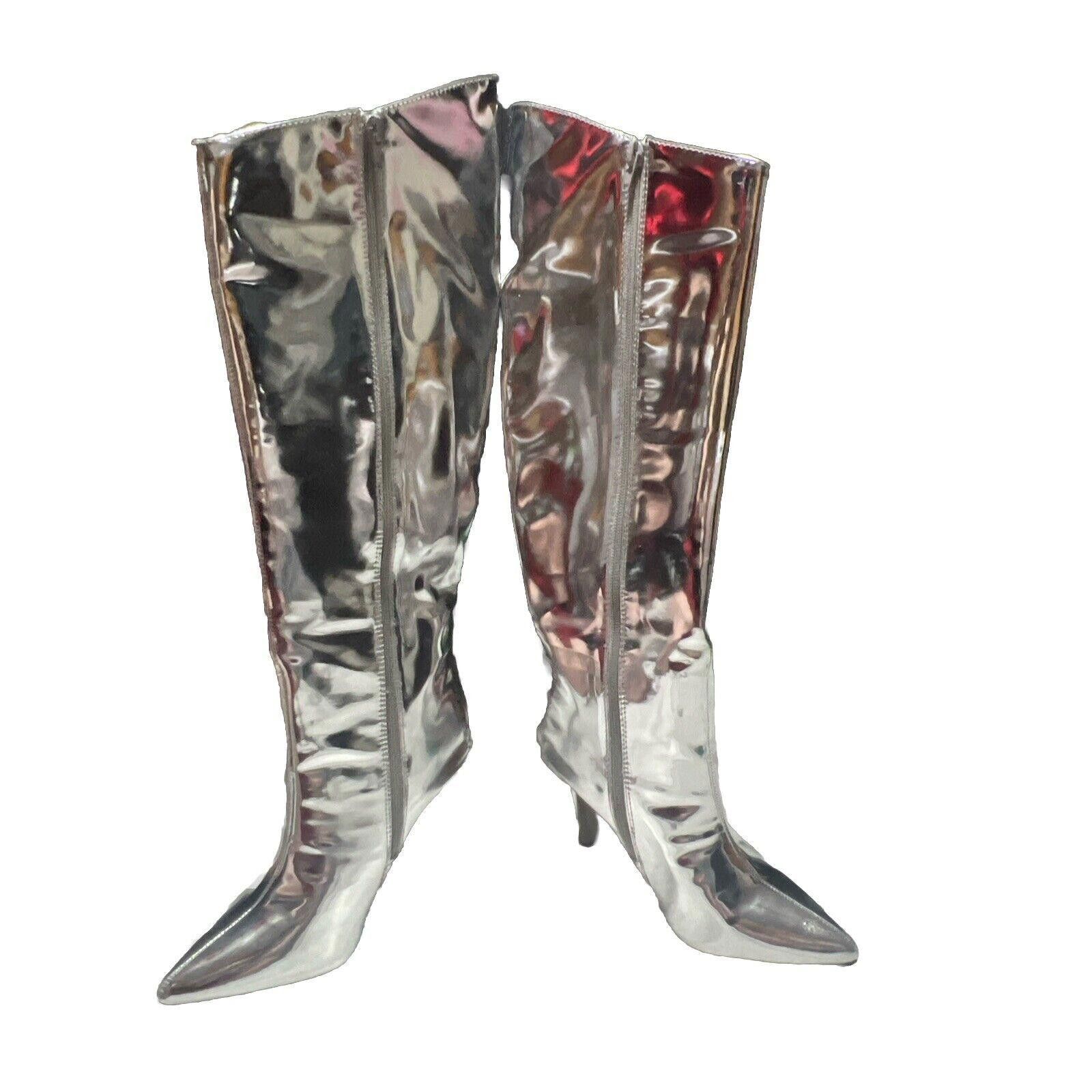 Designer Size 6 Silver Mirror Metallic Knee High Stiletto Boots Size US 6 / IT 36 - 3 Thumbnail