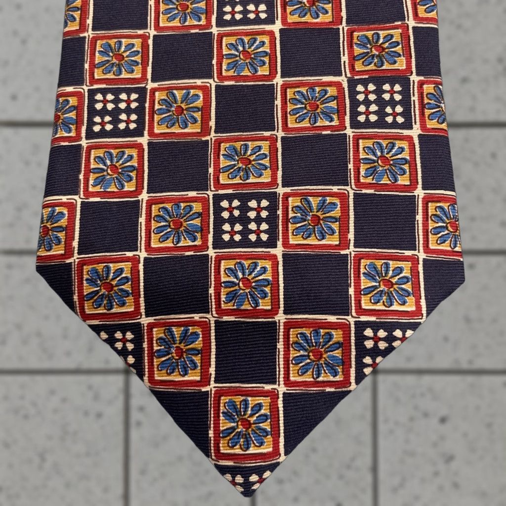 Vintage VINTAGE Frederick Theak Silk Tie England Navy Red Orange Macclesfield Neat Floral 3.7x57 Micro Print Foulard Business Wedding Church Neck Tie Mens Size ONE SIZE - 1 Thumbnail