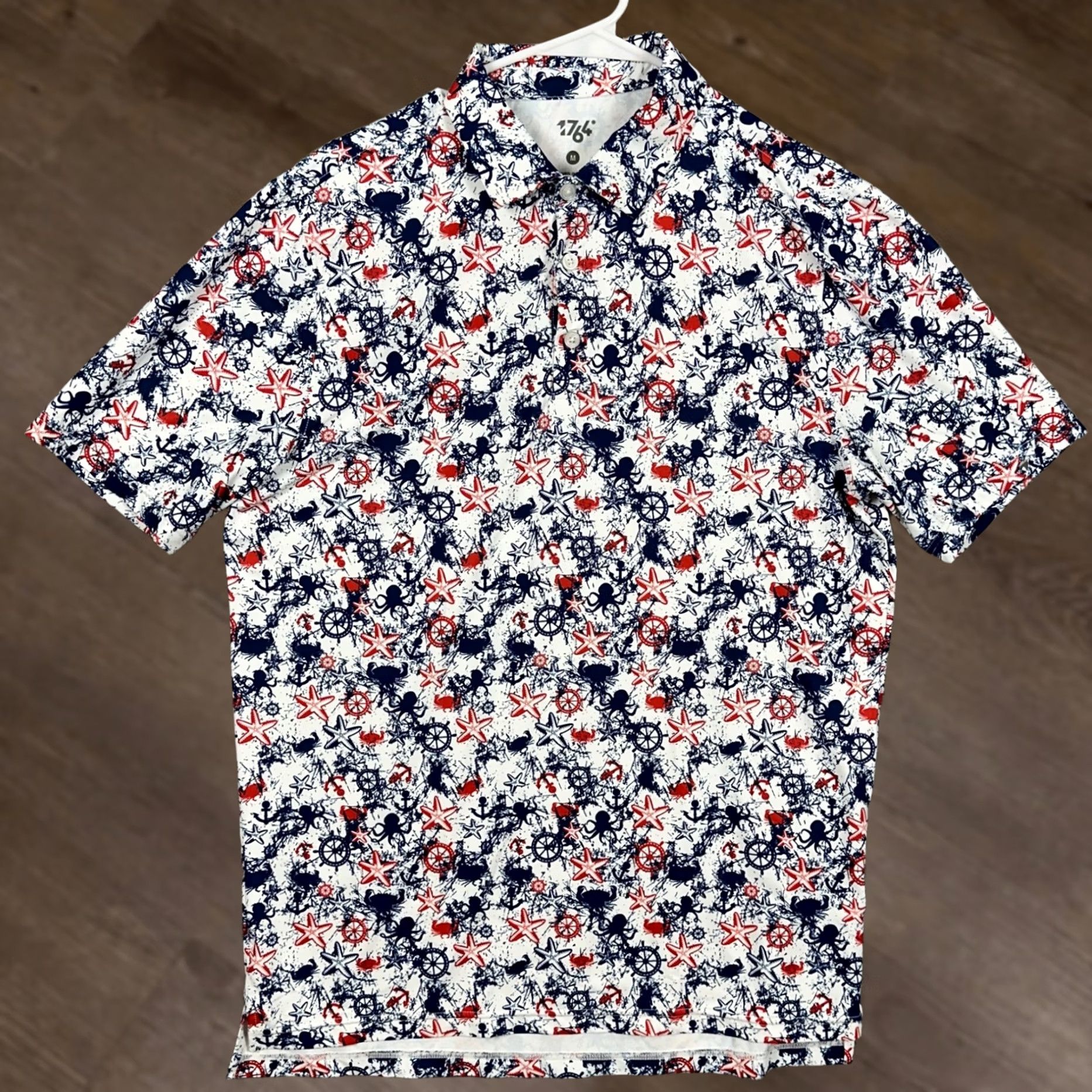 Vintage 1764 Golf Polo Shirt Mens Medium White Geometric Pattern Breathable Short Sleeve Collared Sport Stretch Rugby Size US M / EU 48-50 / 2 - 1 Thumbnail