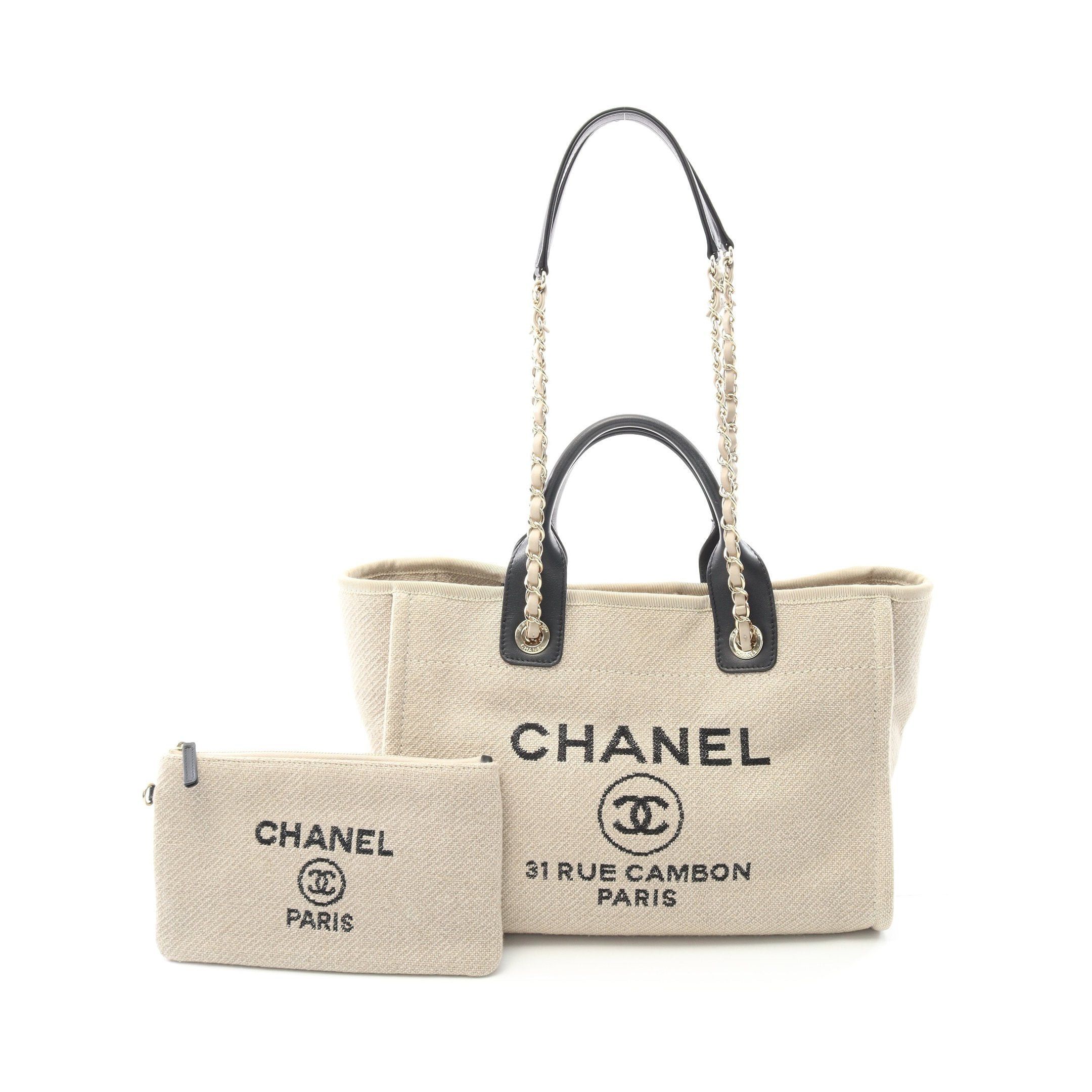 Chanel Deauville Small Chain Shoulder Bag Tote Canvas Leather Beige Black Gold Hardware, Women's