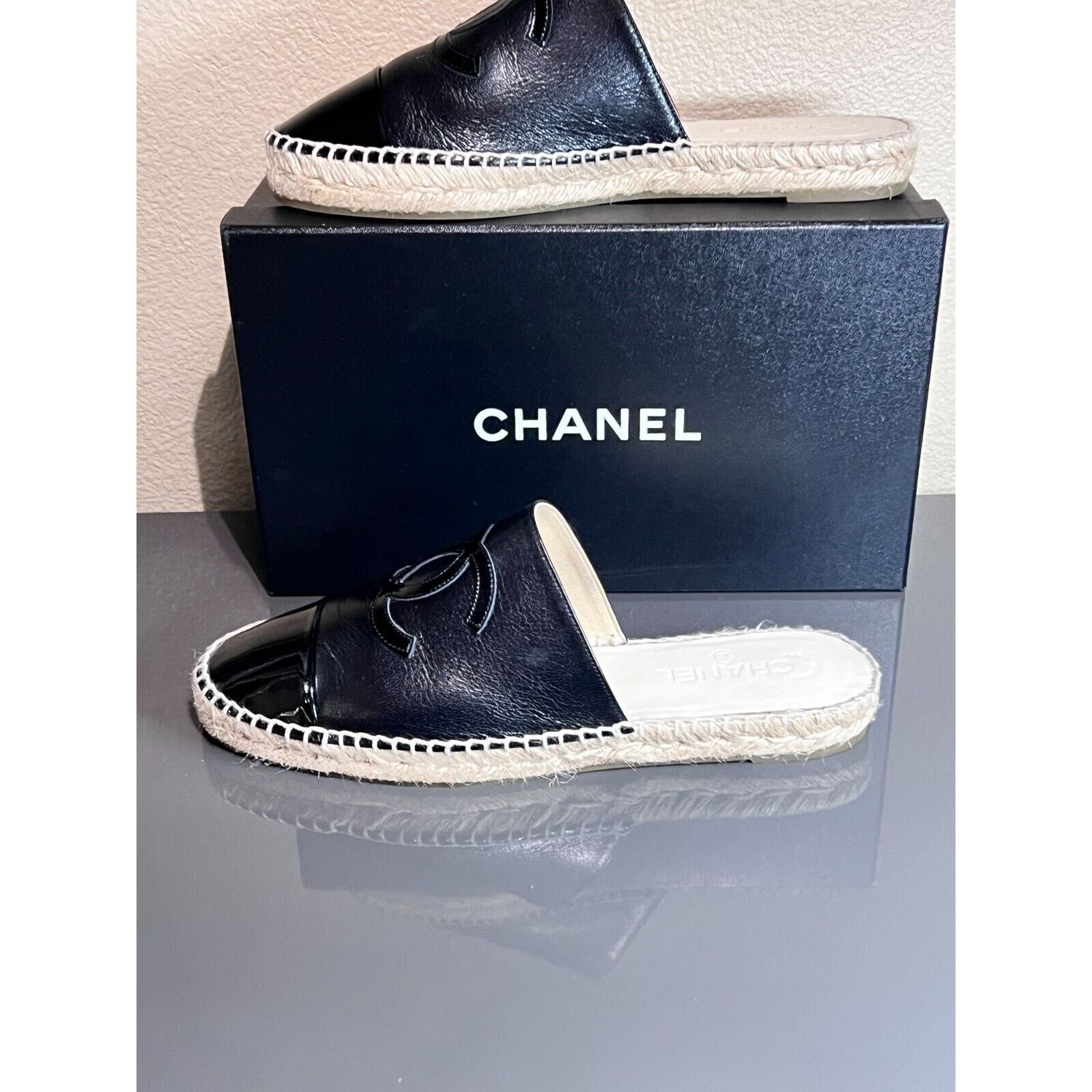 CHANEL Black Patent Backless Double Sole Espadrille Slide 41