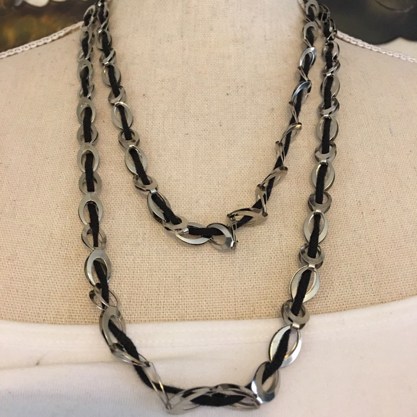 Jewelry Soft black ribbon woven silver link necklace Size ONE SIZE - 1 Thumbnail