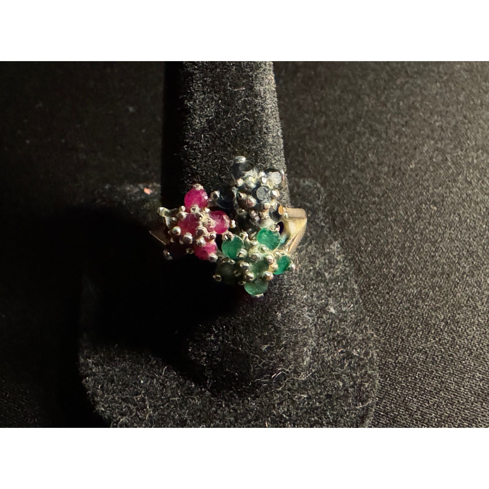 Other Sterling Signed Beta Ruby, Sapphire, Emerald Flower Ring Size ONE SIZE - 1 Thumbnail