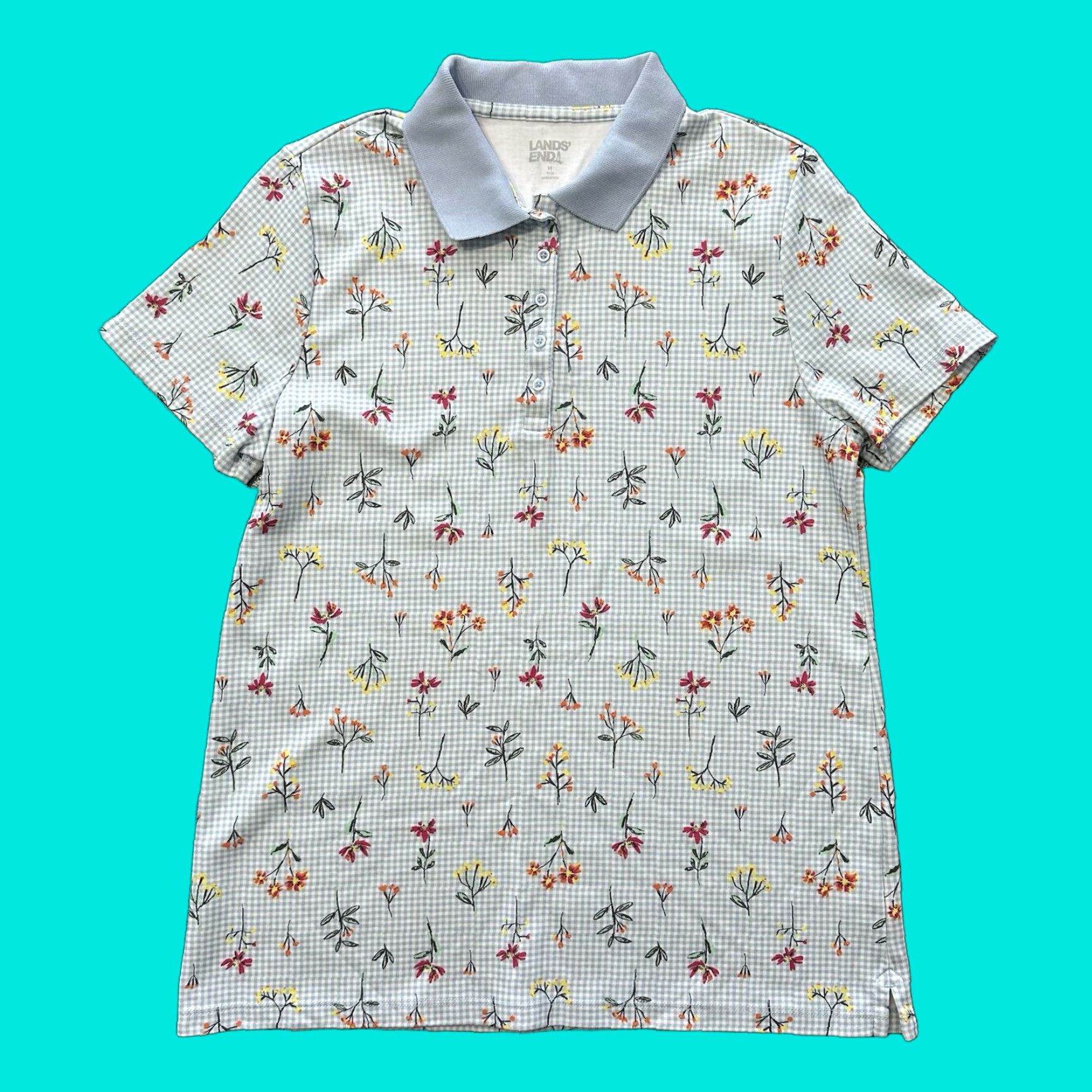 Lands' End Lands' End Polo Womens M Gingham Floral Short Sleeve Collared Button Up Shirt Size M / US 6-8 / IT 42-44 - 1 Thumbnail