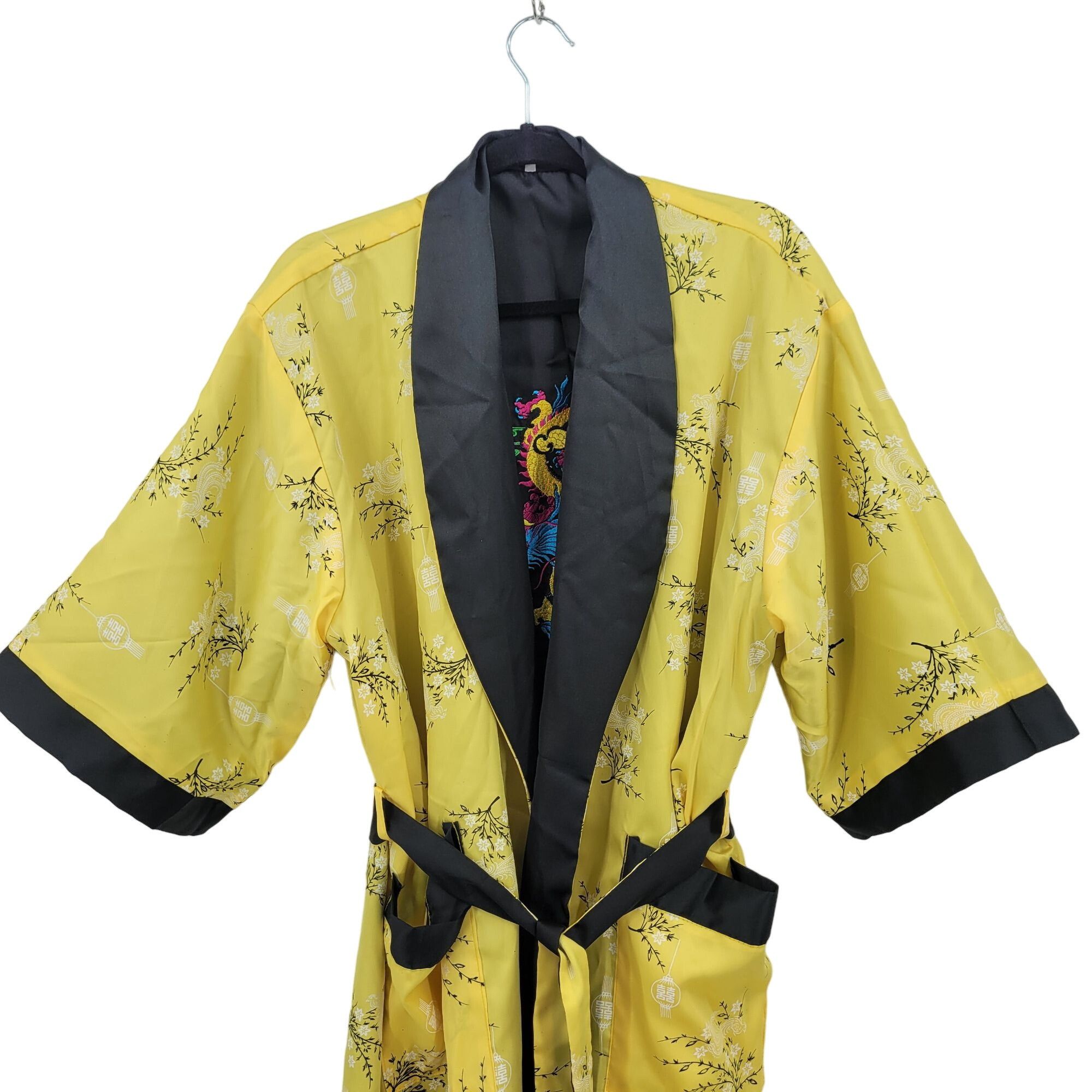 Japanese Brand Reversible Kimono Robe L Black Embroidered Dragon Yellow Flo Size US L / EU 52-54 / 3 - 13 Thumbnail