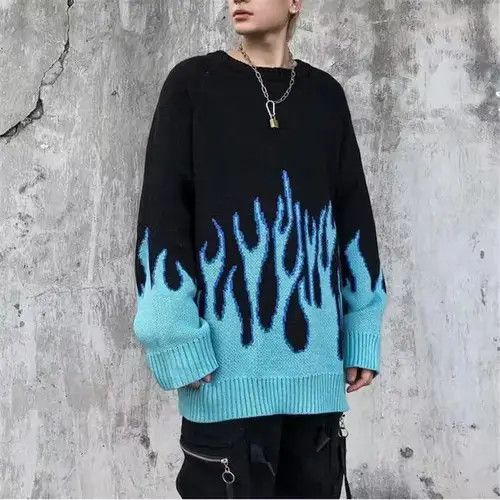 VIBE "Blue Flames" Oversized Knitted Sweater Sweatshirt Pullover Size US M / EU 48-50 / 2 - 1 Thumbnail