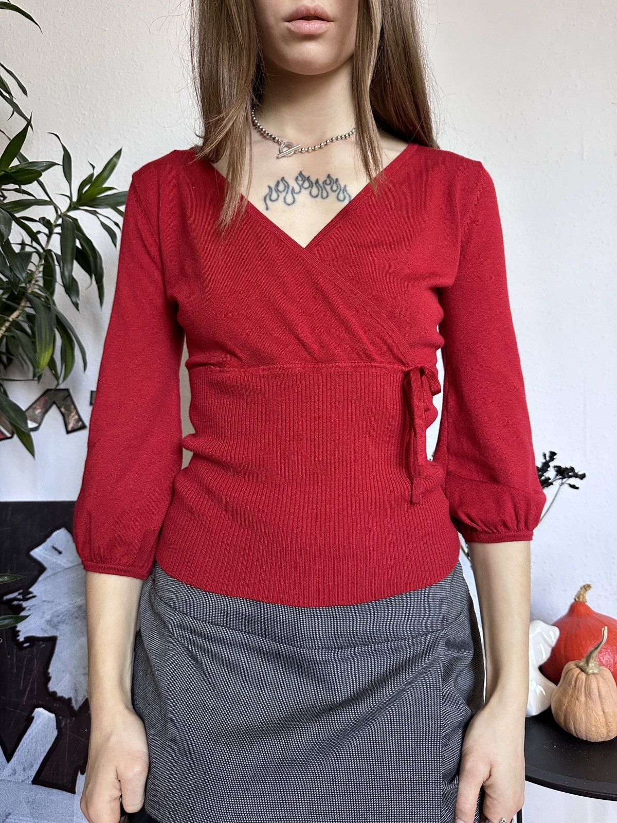Japanese Brand × Vintage Red Autumn Retro Knitted 3/4 Wrap Sweater Pullover Size M / US 6-8 / IT 42-44 - 2 Thumbnail
