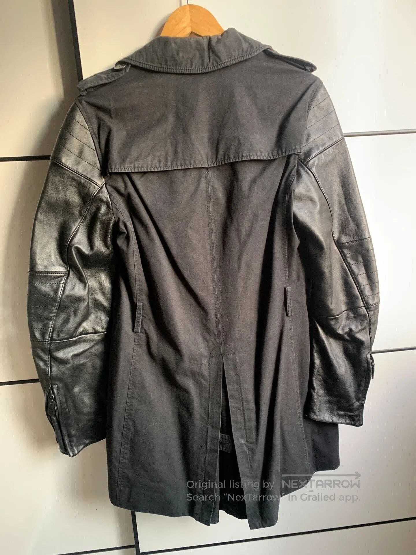 Burberry Black Leather Patch Trench Coat.