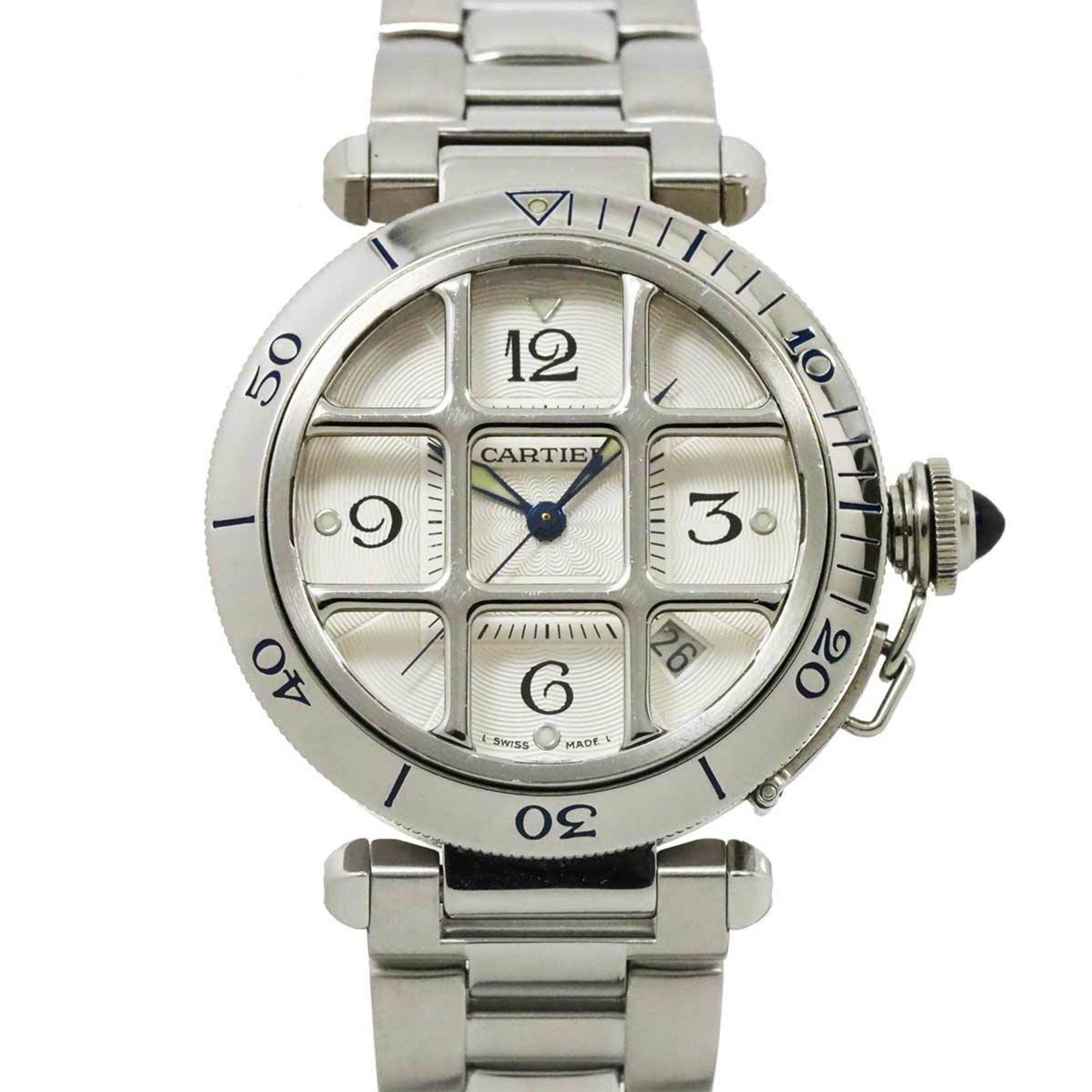 Cartier Pasha 38Mm Grid W31040H3 Men's Watch Date Silver Automatic Self-Winding