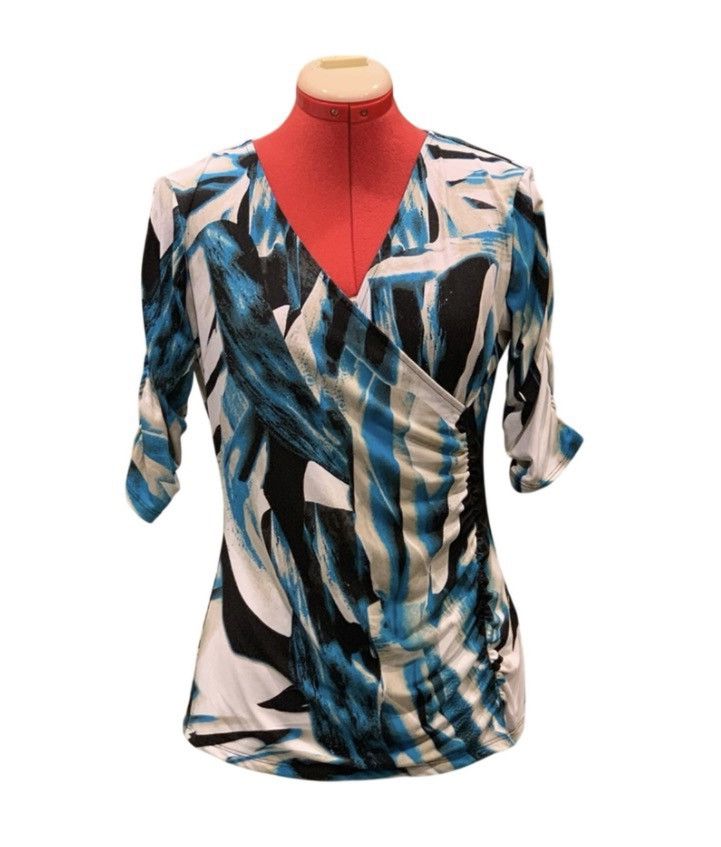 Style & Co Style & Co Faux Wrap Abstract Blouse Sz PM Teal Ruched Top Size M / US 6-8 / IT 42-44 - 1 Thumbnail