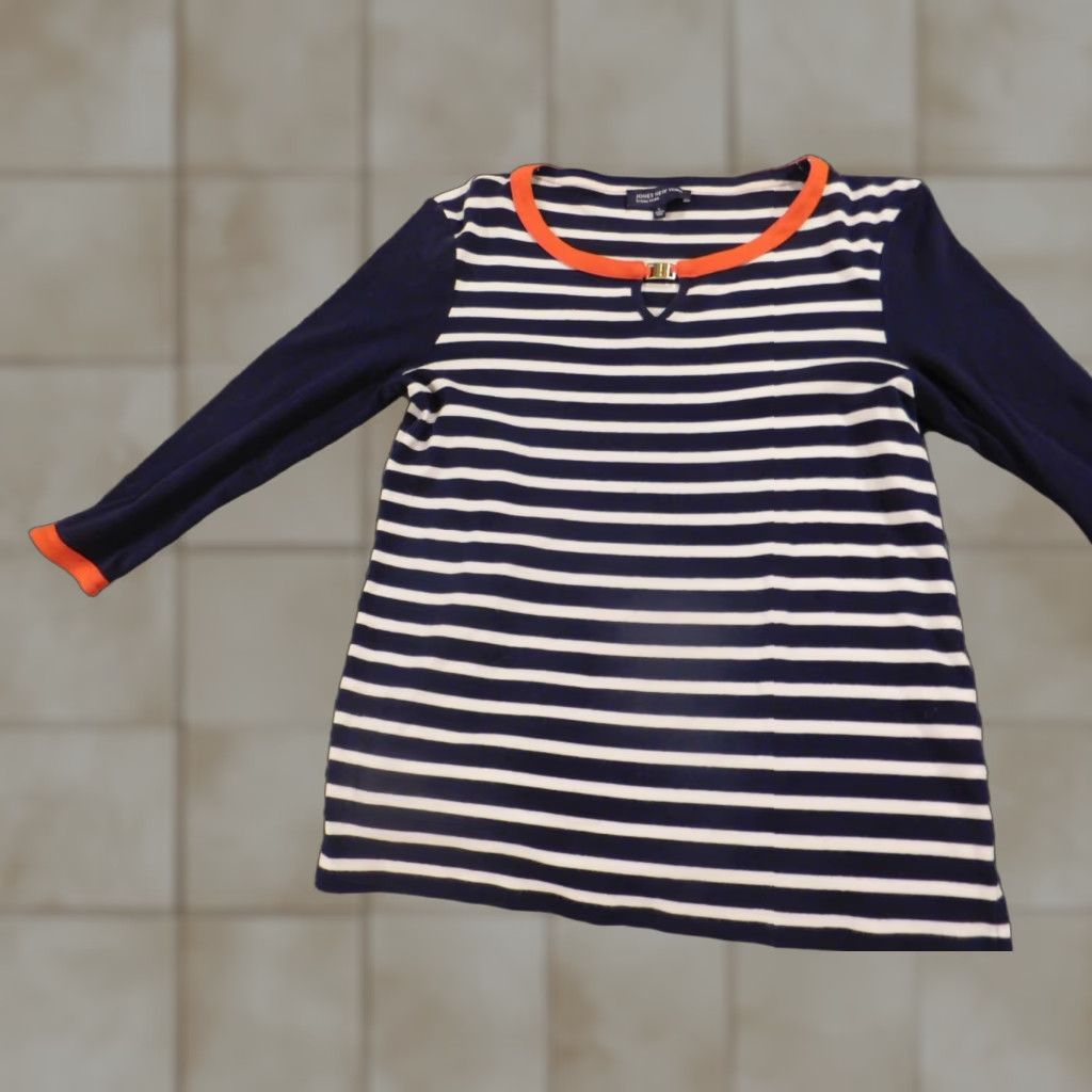 Jones New York Jones New York Womens Sweater L Blue Striped Pullover Knit 100% Cotton Open-Knit Stretch Sports Regular Women Size L / US 10 / IT 46 - 1 Thumbnail