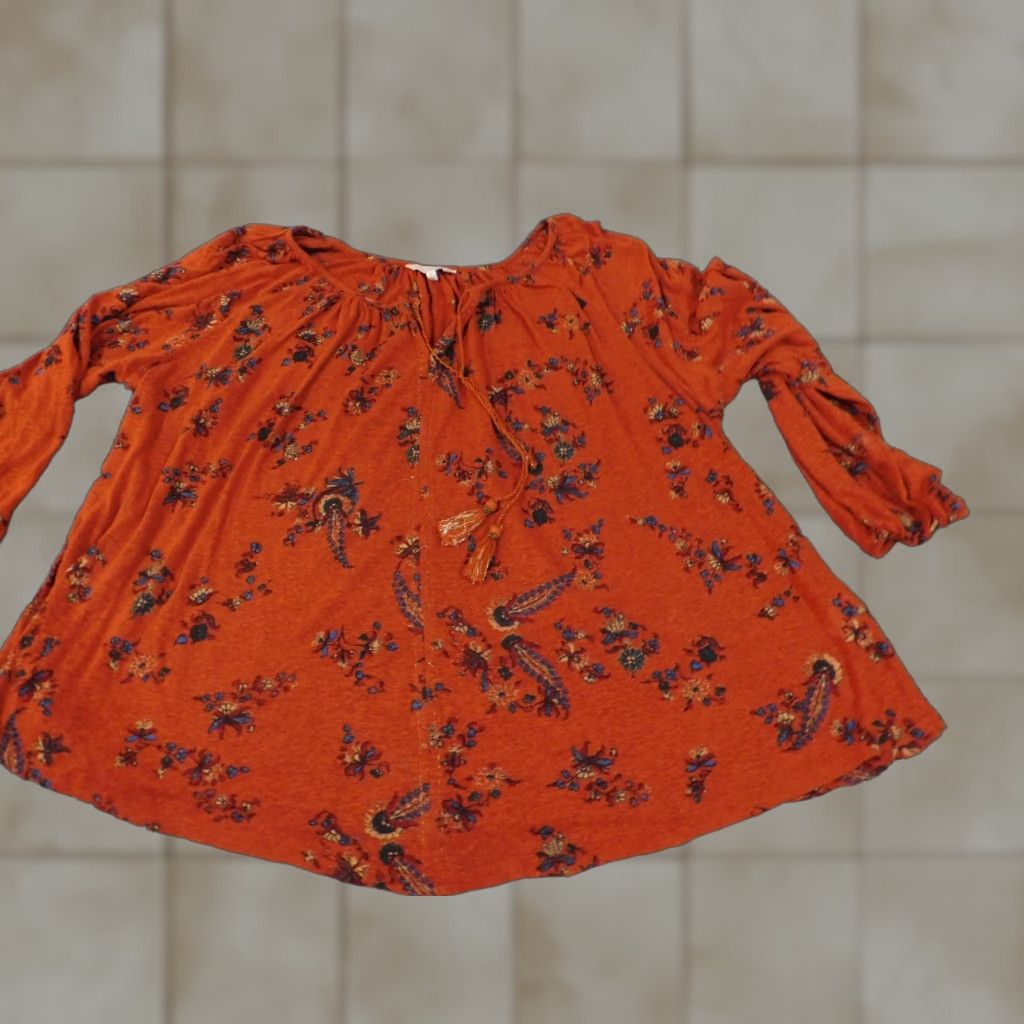 Lucky Brand Lucky Brand Blouse Shirt 2X Womens Orange Geometric Linen Modal V-Neck Pullover Long Sleeve Everyday Casual Plus Size Stretch Classic Modern Size XXL / US 16-18 / IT 52-54 - 1 Thumbnail