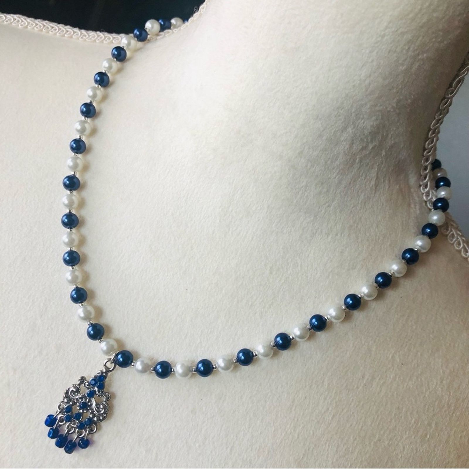 Handmade Handcrafted repurpose royal blue chandelier Pearl necklace Size ONE SIZE - 1 Thumbnail