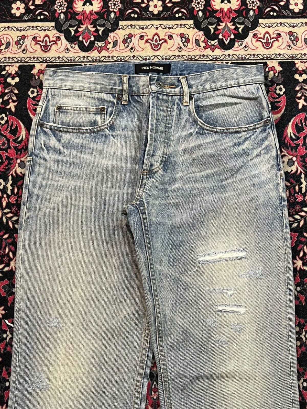 Yohji Yamamoto Ined Homme Light Washed Faded Distressed Straight Jeans Size US 31 - 4 Thumbnail