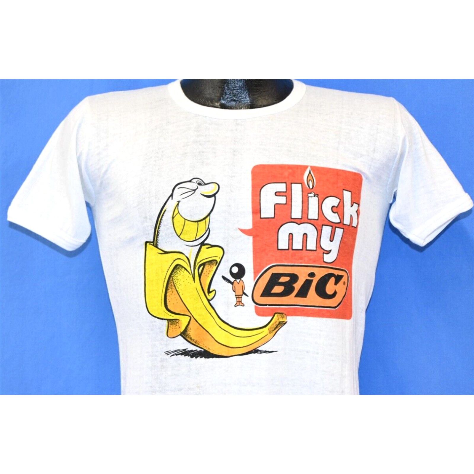 image of Vintage 70's Flick My Bic Disposable Lighter Tv Commercial Slogan T-Shirt Small S in White, Men's