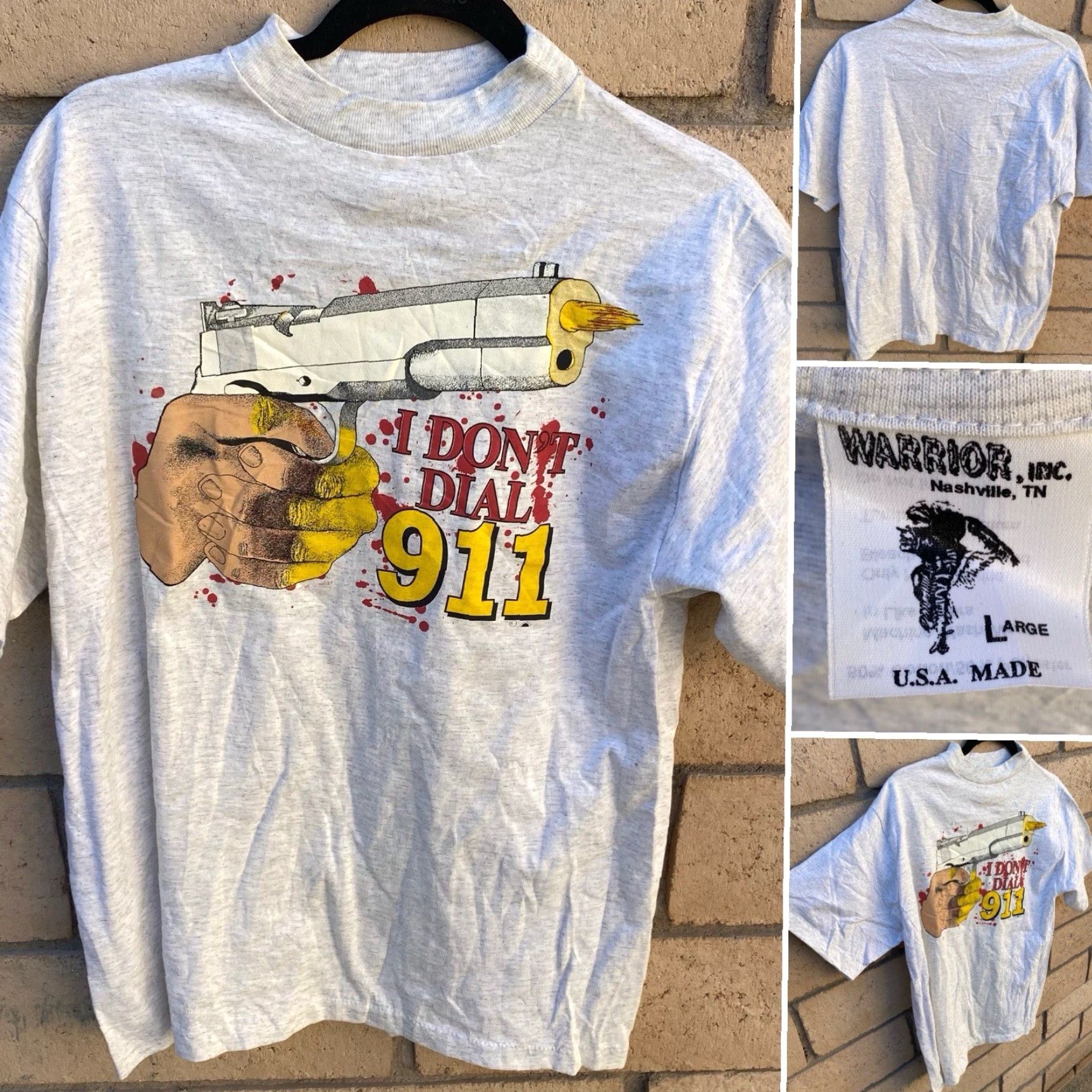 Vintage VINTAGE I Dont Dial 911 T Shirt Hand Gun Graphic Tee Warrior Inc Nashville Sz L Mens Gray Cotton Blend 1990s Graphic Print Short Sleeve Size US L / EU 52-54 / 3 - 7 Thumbnail