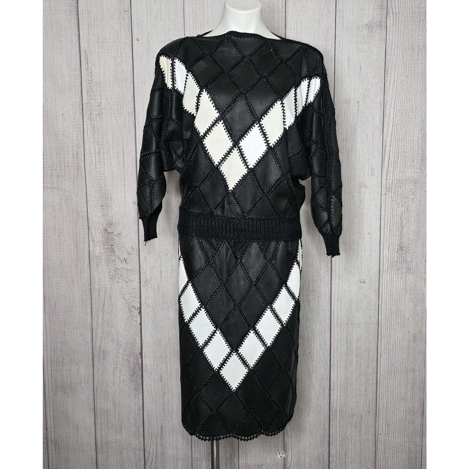 Vintage VTG Leather Argyle Patchwork Batwing Top & Midi Skirt Set Size S / US 4 / IT 40 - 1 Thumbnail