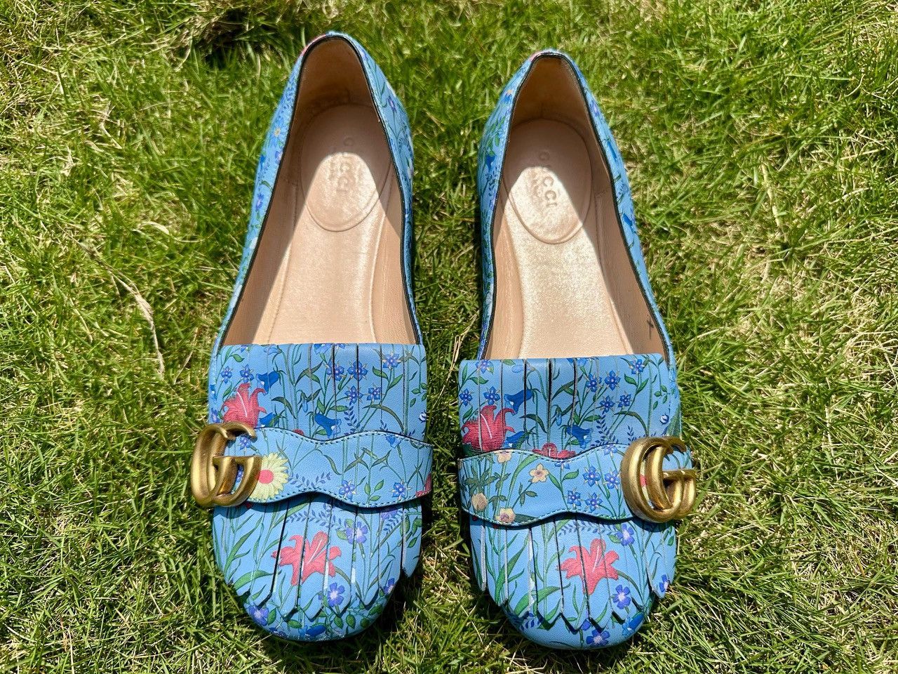 Gucci Authentic Gucci Blue Floral Leather GG Marmont Fringe Ballet Size US 6.5 / IT 36.5 - 1 Thumbnail
