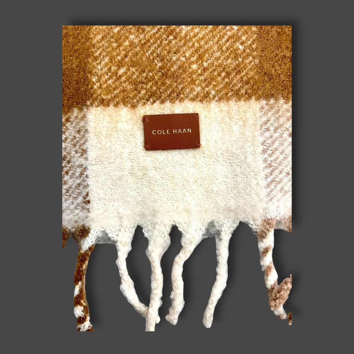 Cole Haan Cole Haan Oxford Tan Checkered Fringe Scarf 10”x70” Size ONE SIZE - 8 Thumbnail