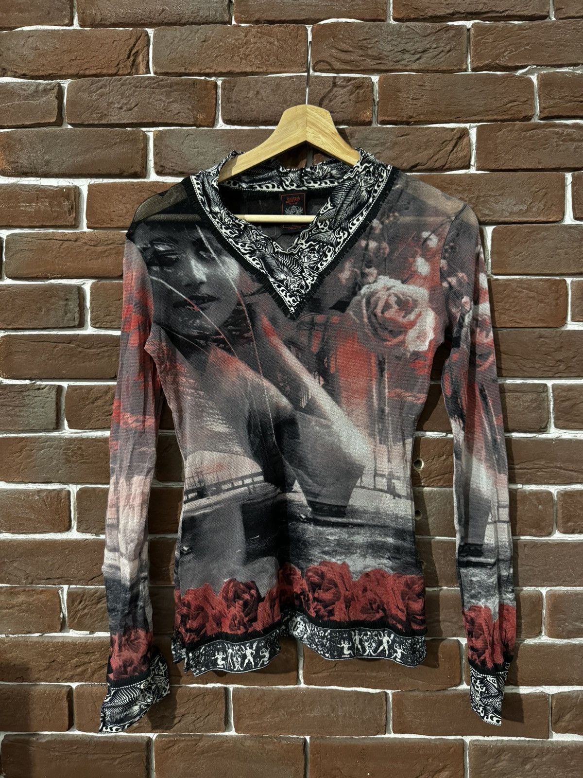 Jean Paul Gaultier Vintage 90s Jean Paul Gaultier Roses Portrait Mesh LS TOP JP Size L / US 10 / IT 46 - 1 Thumbnail