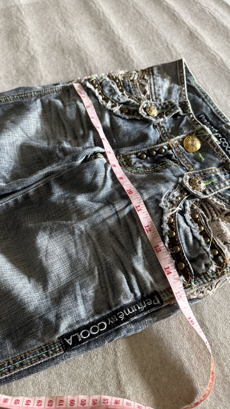 Japanese Brand Perfume by COOLA Distress Flare Denim Jeans Lace Patchwk Y2K Size 27" / US 4 / IT 40 - 14 Thumbnail