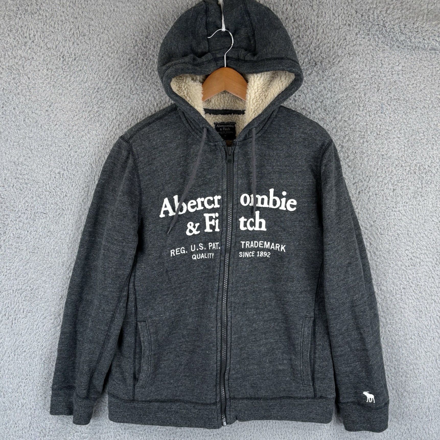 Abercrombie & Fitch Abercrombie & Fitch Hoodie Mens Medium Gray Sherpa Lined Spellout Jacket Y2K Size US M / EU 48-50 / 2 - 2 Thumbnail