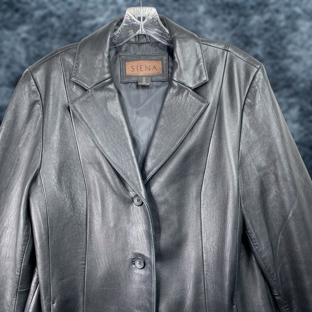 Vintage VINTAGE Womens Siena Black Leather Jacket 14 Full Zip Lined Pockets 3 Button Classic 90s Size XL / US 12-14 / IT 48-50 - 1 Thumbnail