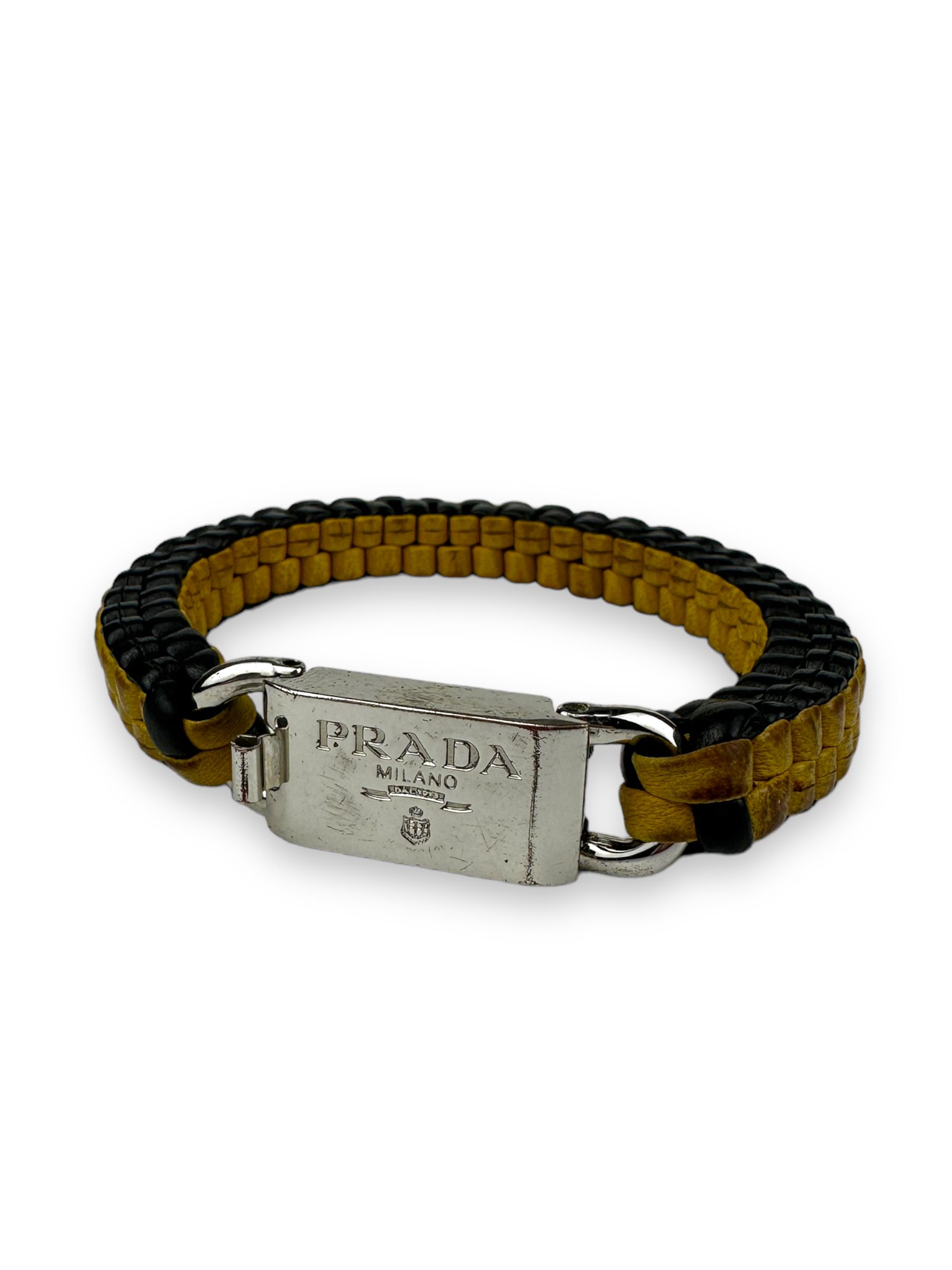 Pre-owned Prada Woven Leather Logo Bracelet In Yellow