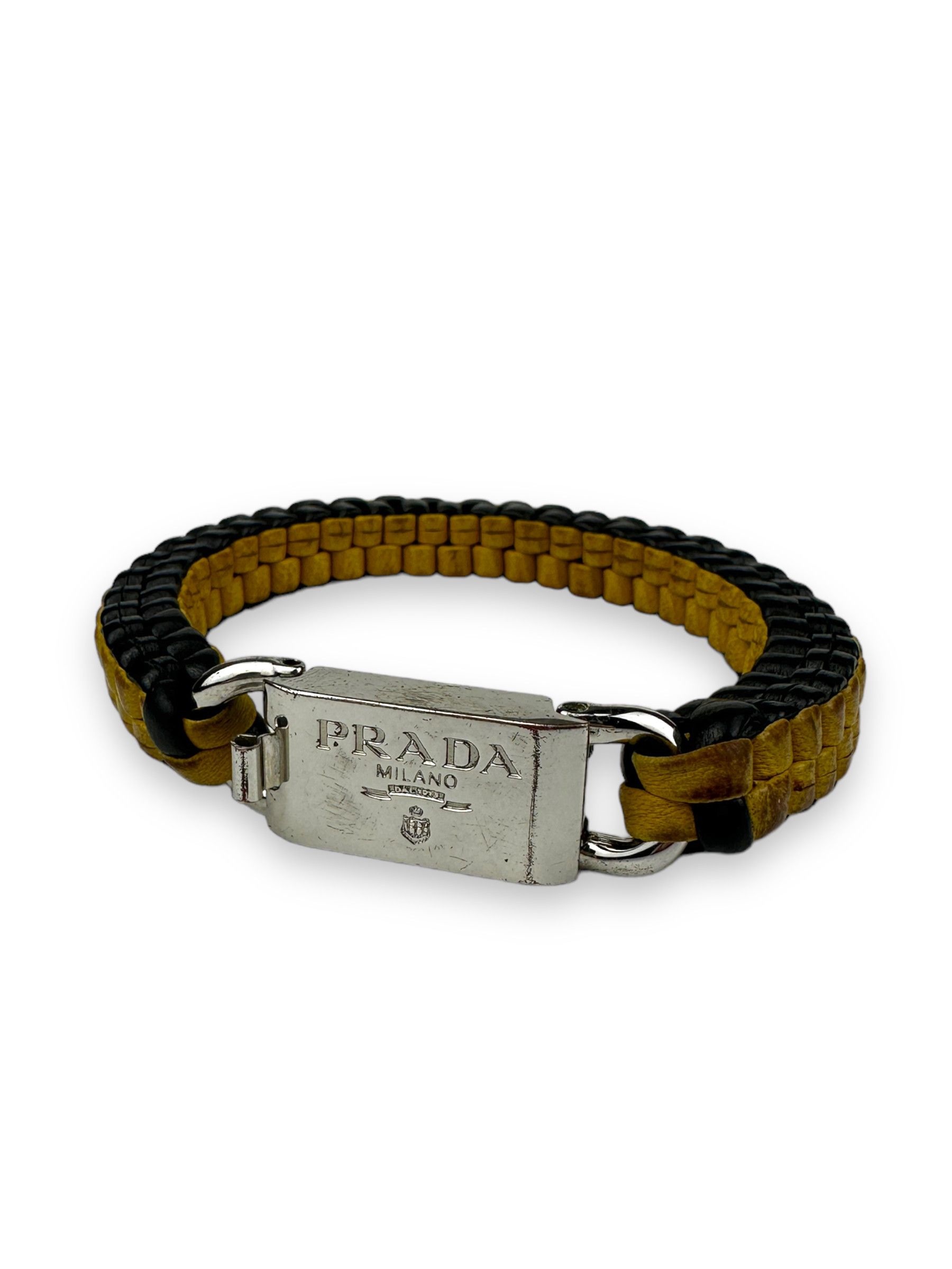 image of Prada Woven Leather Logo Bracelet in Yellow, Men's