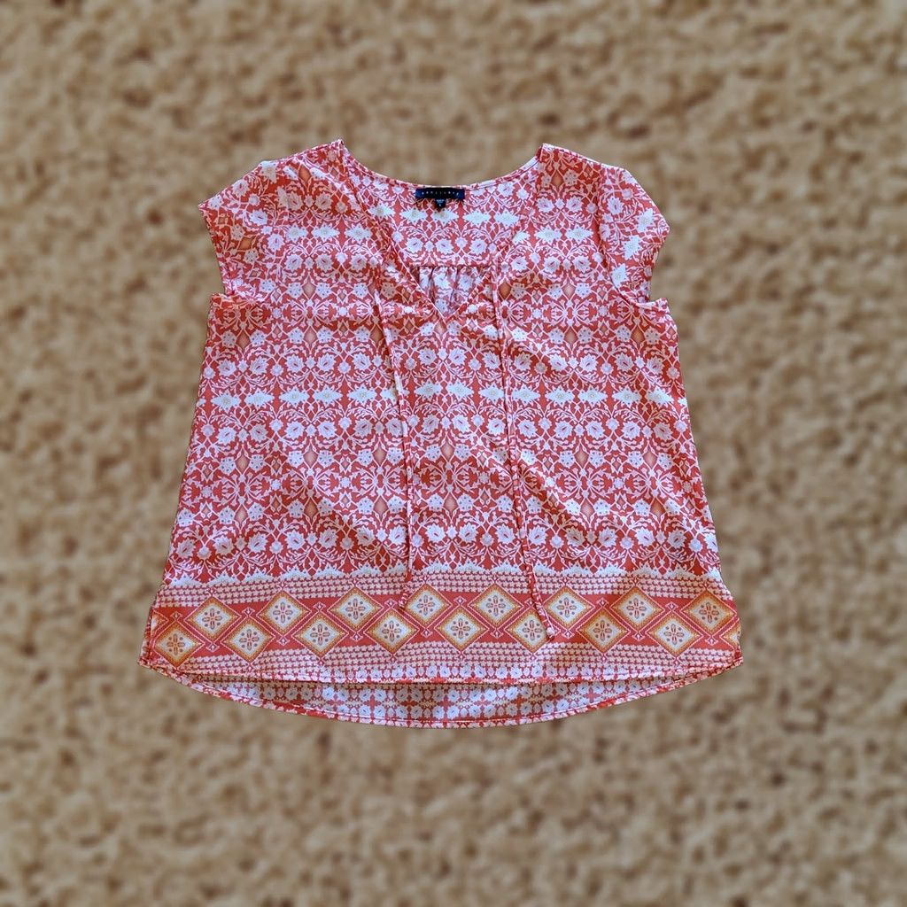 Sanctuary Sanctuary Shirt Womens Large Orange Floral Chiffon V-Neck Short Sleeve Blouse Casual Size L / US 10 / IT 46 - 1 Thumbnail