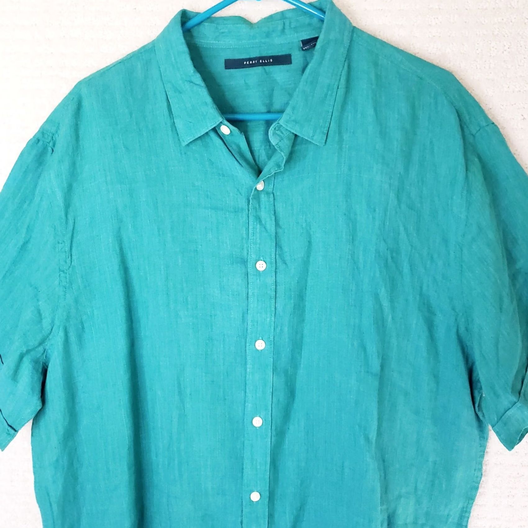 Perry Ellis Perry Ellis Linen Shirt Teal Men's XXL Short Sleeve Button Front Casual Size US XXL / EU 58 / 5 - 2 Thumbnail