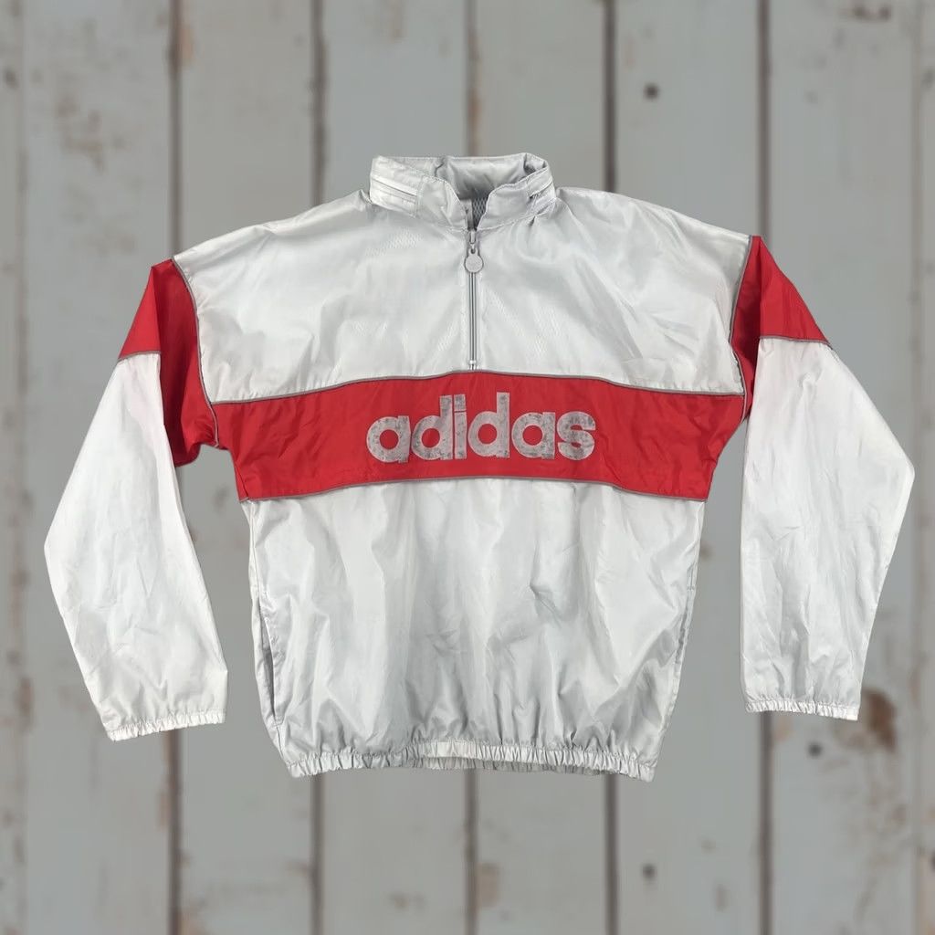Adidas VINTAGE Adidas Windbreaker Shirt Unisex Adults M Gray 90s Big Logo Spell Out Stowaway Hood EUC Size US M / EU 48-50 / 2 - 1 Thumbnail