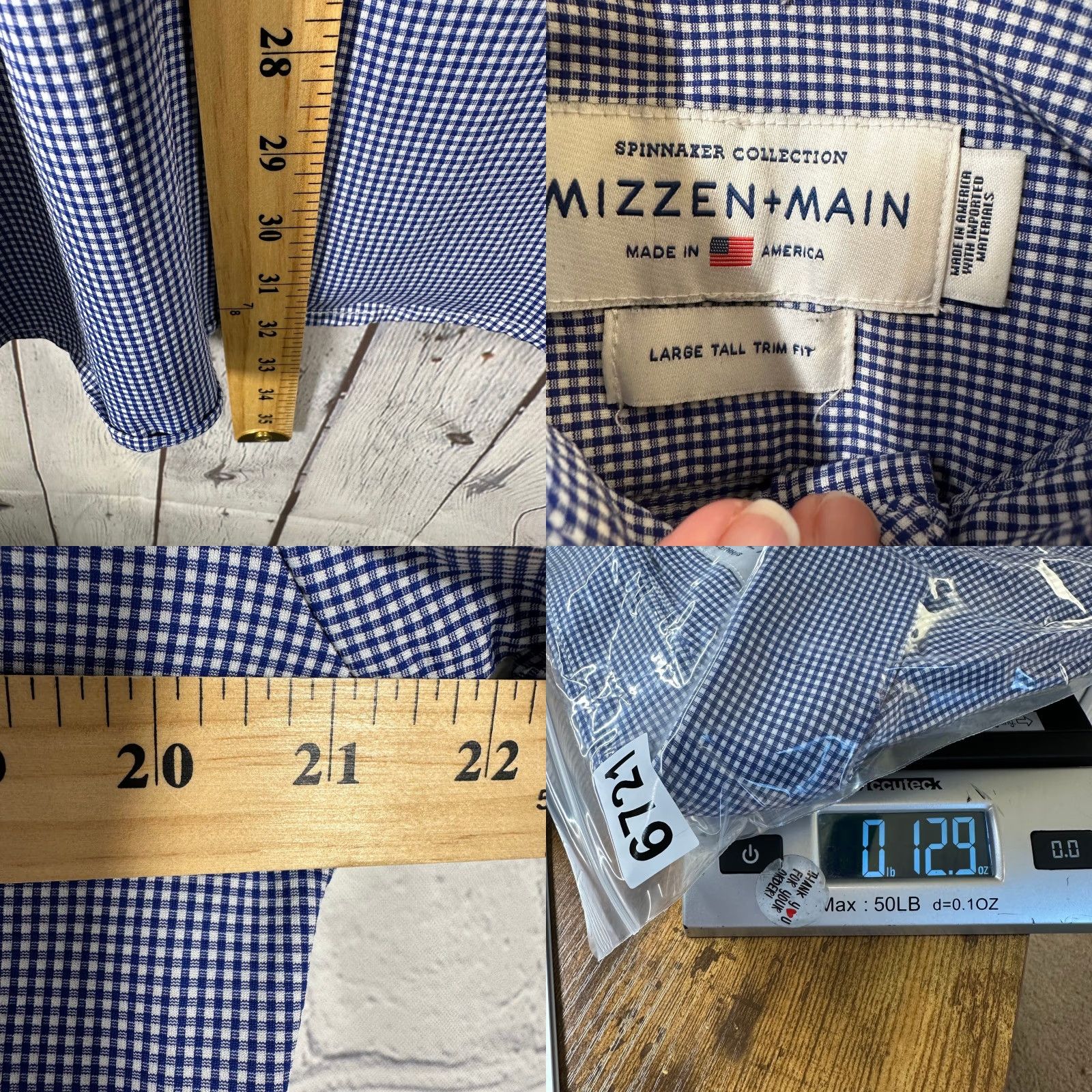 Mizzen+Main Mizzen+Main Spinnaker Blue Gingham Dress Shirt Large Tall Trim Fit 20493 Size 42R - 8 Thumbnail