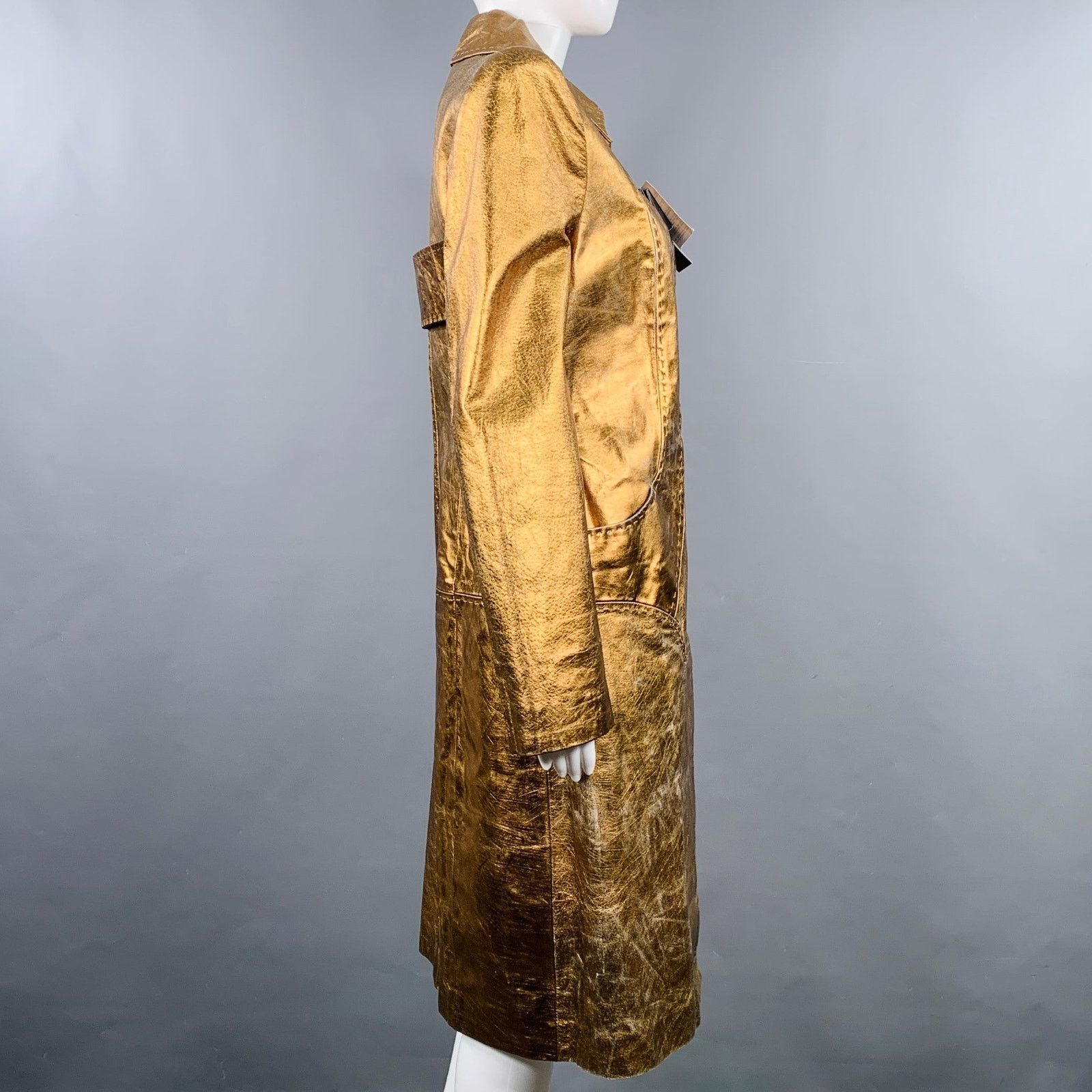 Just Cavalli Size 4 Gold Metallic Leather Distressed Snaps Coat Size S / US 4 / IT 40 - 2 Thumbnail