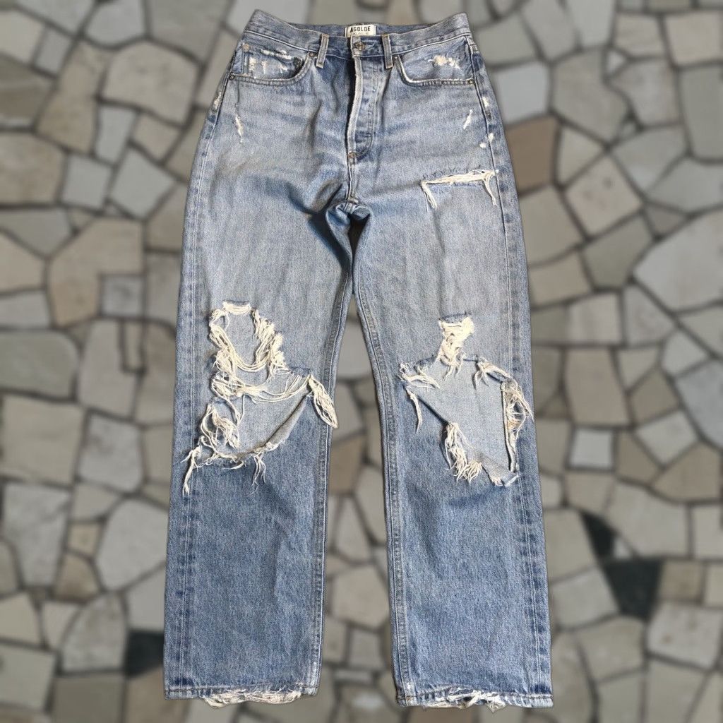 Agolde AGOLDE Jeans Womens 26x27 Distressed Straight Button Fly 90s Blue Denim Loose Relaxed Clean 5-Pocket Womens Jeans Size 26" / US 2 / IT 38 - 1 Thumbnail