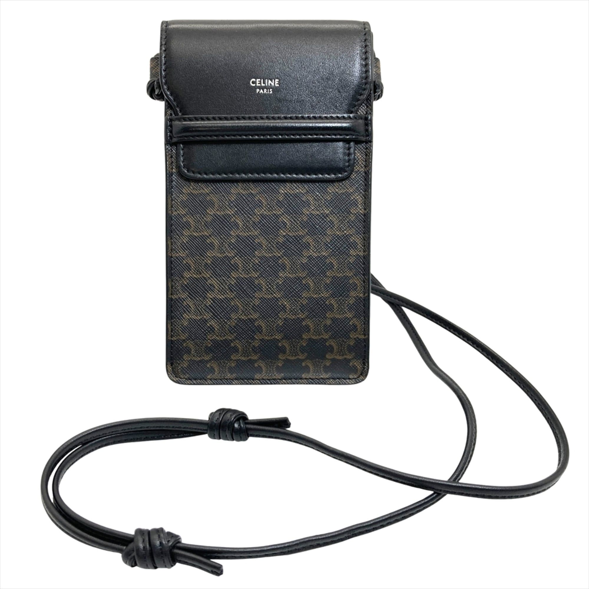 Celine Triomphe Canvas and Lambskin Flap Mobile Pouch Shoulder Bag in Black for Women