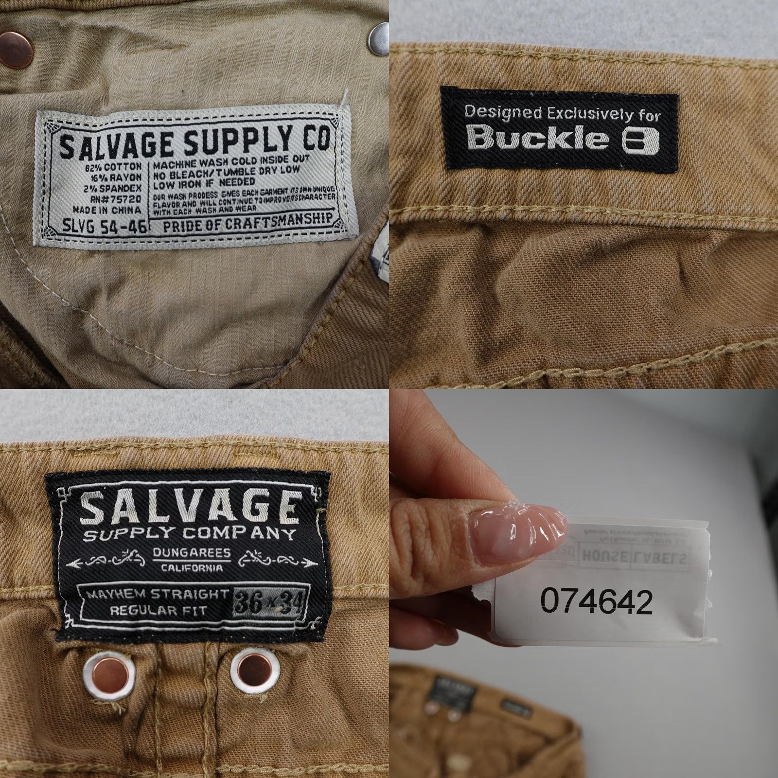 Vintage Salvage Supply Company Jeans Mens 36 Beige 36x34 Tan Buckle Mayhem Straight Pantas Size US 36 / EU 52 - 9 Thumbnail