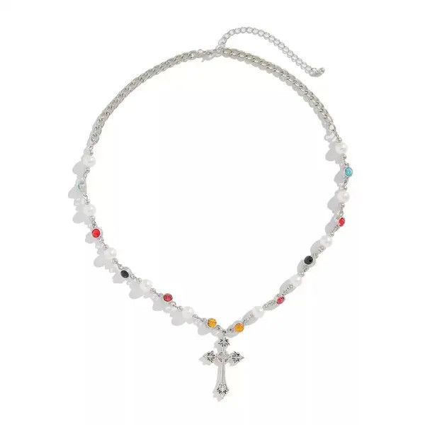 Jewelry Silver Cross Pendant Necklace with Colorful Beads Size ONE SIZE - 5 Thumbnail