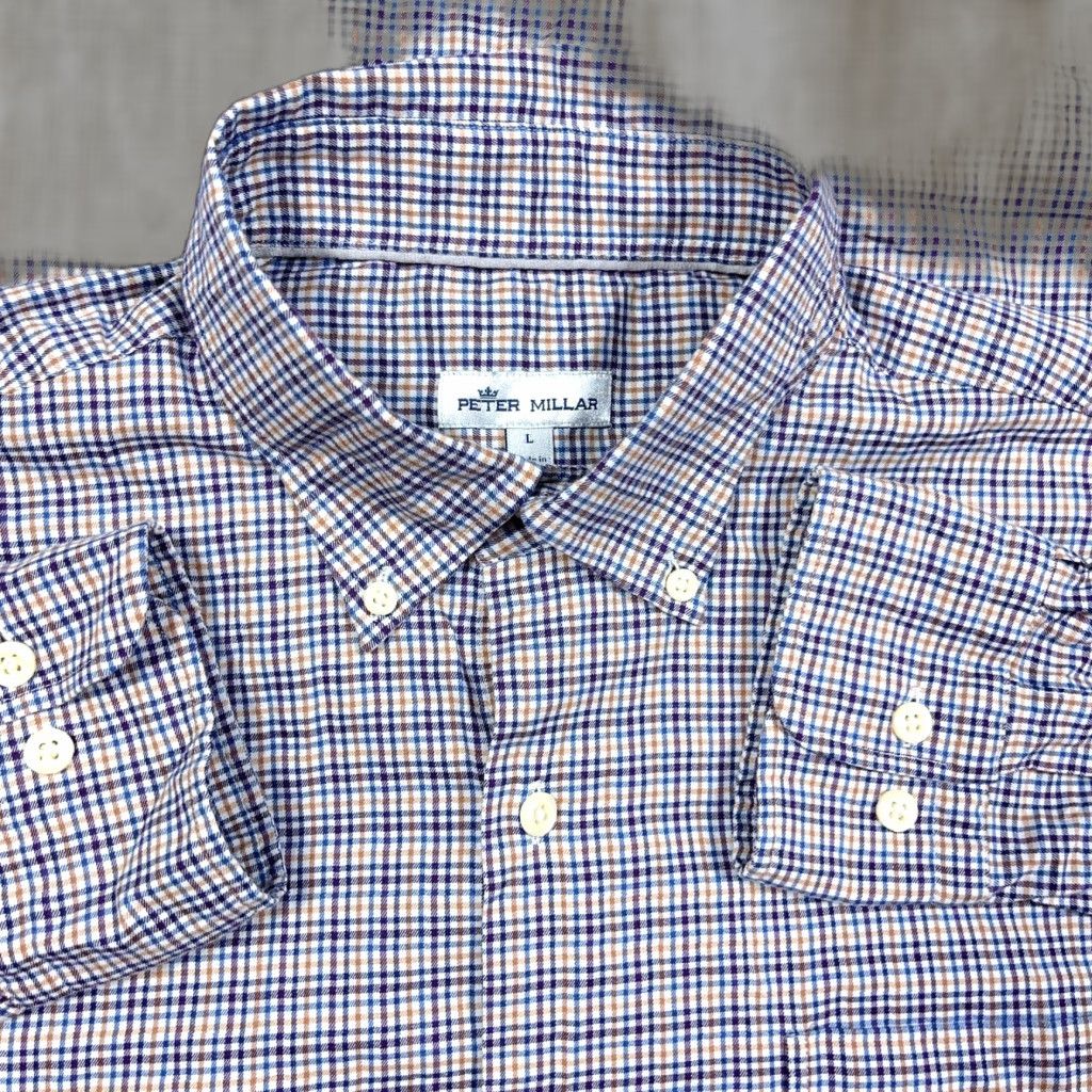 Peter Millar Peter Millar Shirt Men Large Blue Orange Plaid Button Up Tattersall Pocket Dress Size 42R - 1 Thumbnail