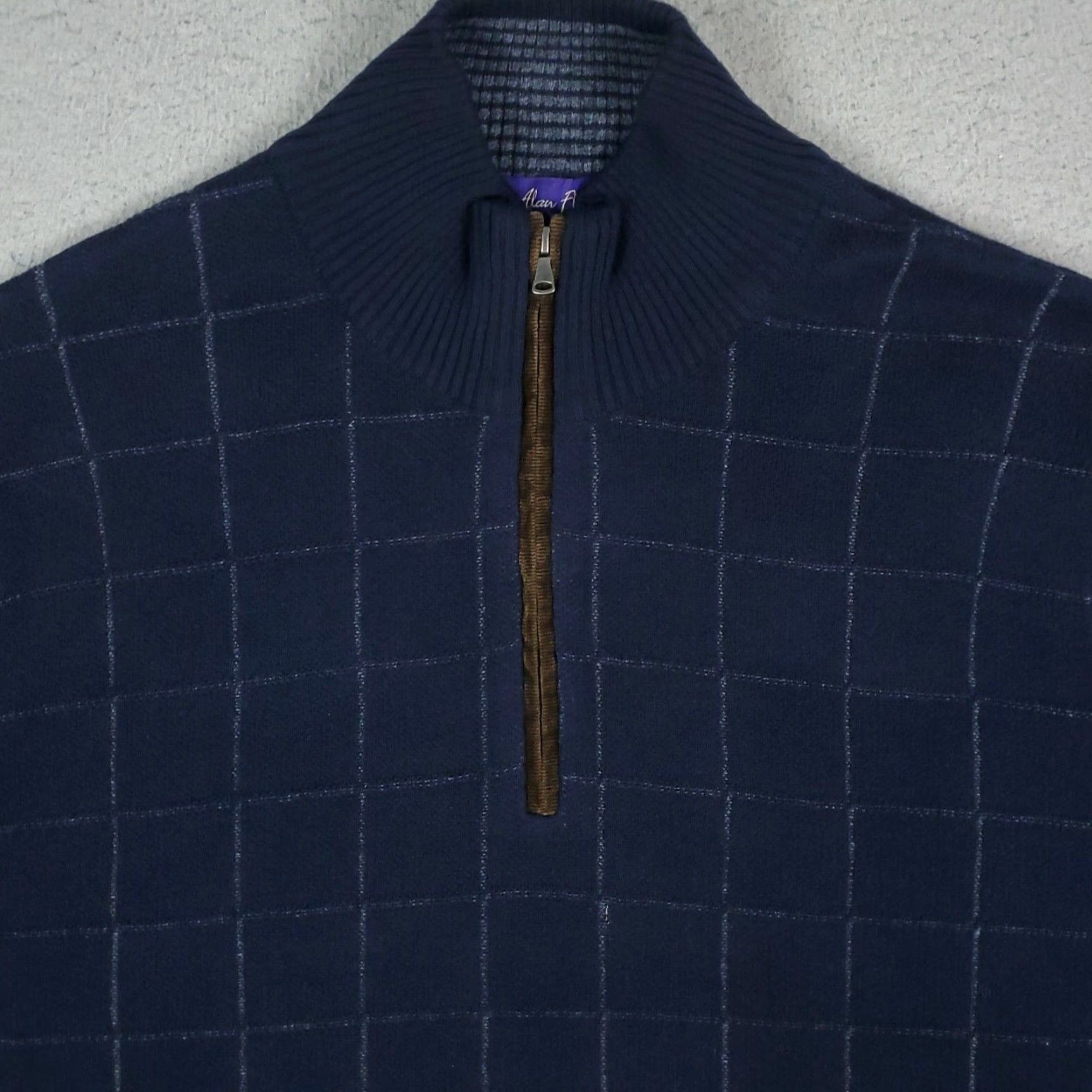 Vintage Alan Flusser Mens Large Quarter Zip Pullover Sweater Sweatshirt Blue Check Size US L / EU 52-54 / 3 - 2 Thumbnail