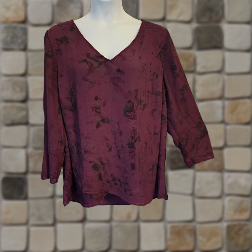 Vintage Apt 9 Dark Purple Black Abstract High Low Hem Tunic Top 2X Plus Shirt Ladies V-Neck Long Sleeve Polyester Blouse Tunic - Plus Size 2X Size XXL / US 16-18 / IT 52-54 - 1 Thumbnail